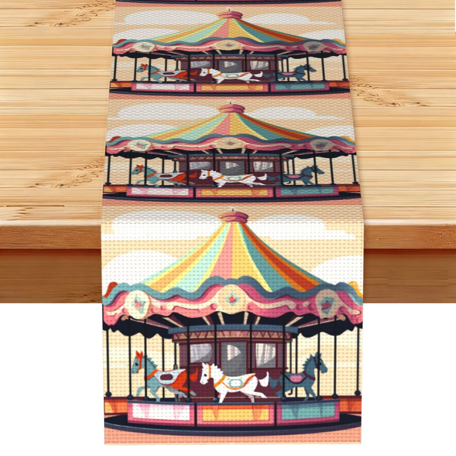 Carousel Table Runner 13 x 72 Inches Long, Cotton Linen Table Runners for Kitchen Dining Table Decoration - Washable Tablecloth Modern Tablerunner for Home Party Decor