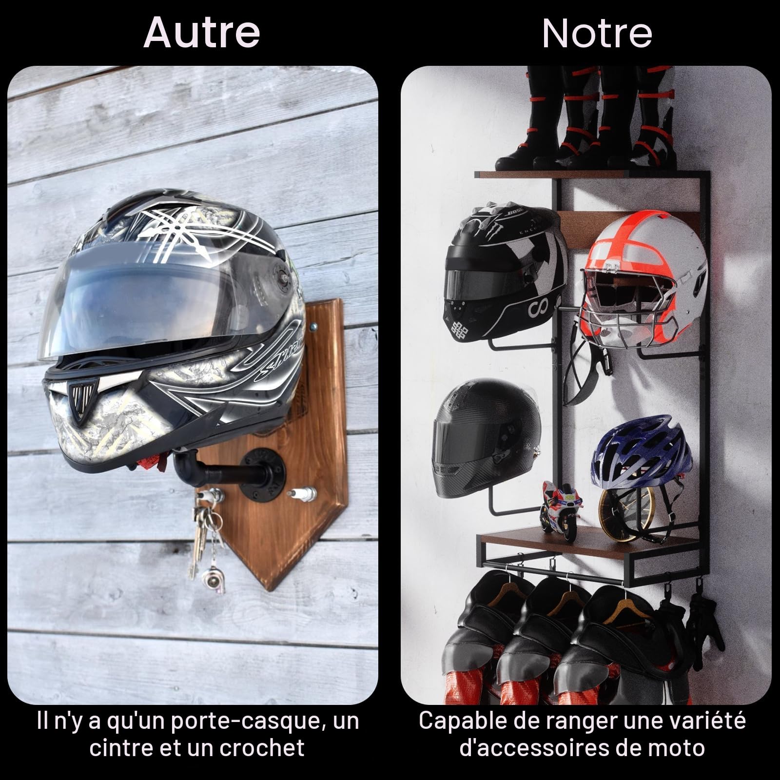 Support Casque Moto pour Accrocher Casquettes et Vestes, Accessoire | 4 porte casque moto, 2 étagères, 4 clips, 5 crochets pour le rangement des équipement de moto, des gants, des clés