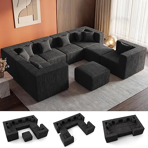 Modular Sectional Sofa, Oversized 8 Seat Convertible U Shaped Couch with Ottoman, Comfy Chenille Cloud Couch with Deep Seat, Sectional Couches for Living Room, No Assembly Required, Black