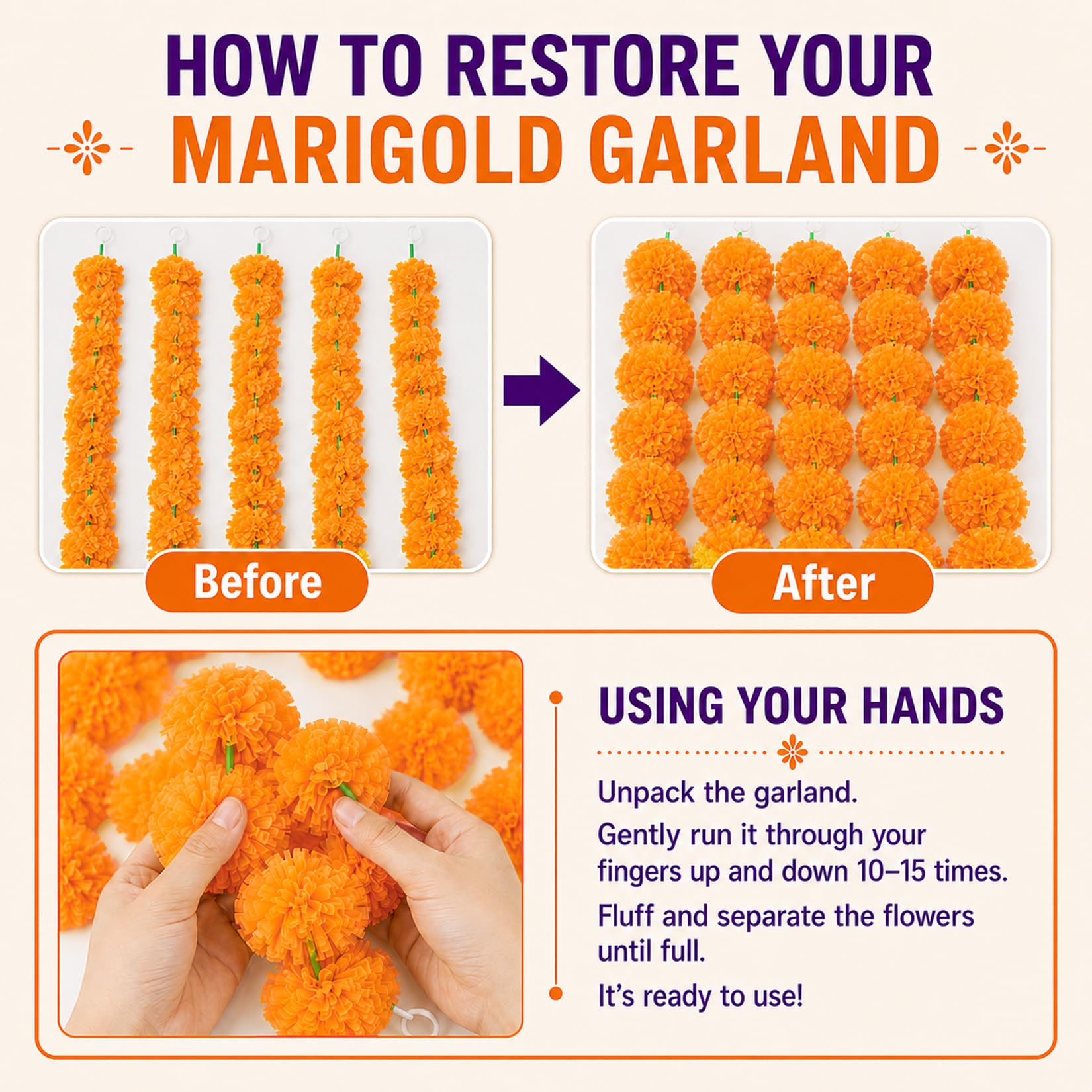 RAINFLOW Marigold Garland - Light Orange Decor -7