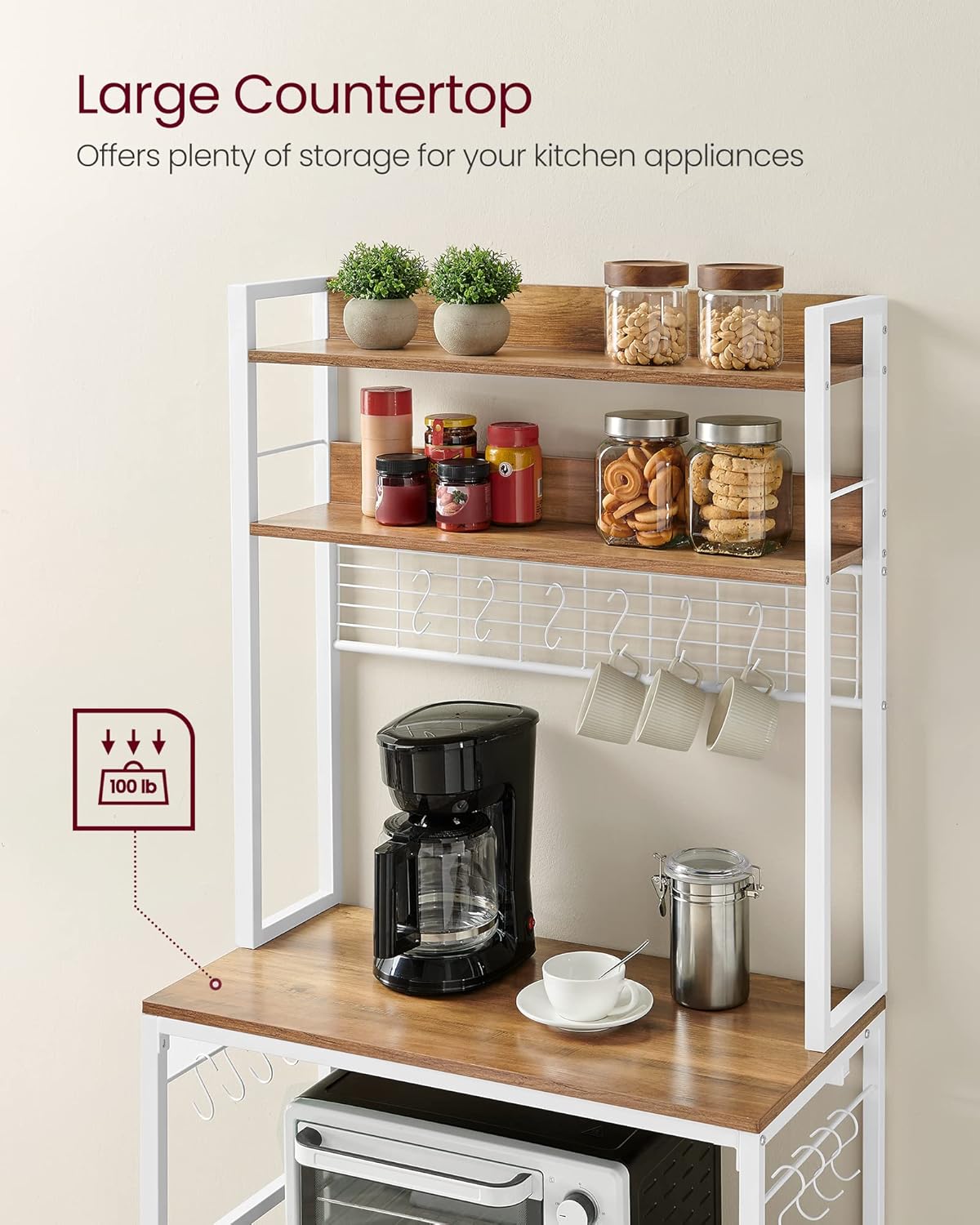 VASAGLE Bakers Rack with Power Outlet, Microwave Stand, Kitchen Tall Utility Storage Shelf, with Metal Wire Panel, 14 Hooks, 15.7 x 31.5 x 66.9 Inches, Rustic Walnut and Cloud White UKKS025W41