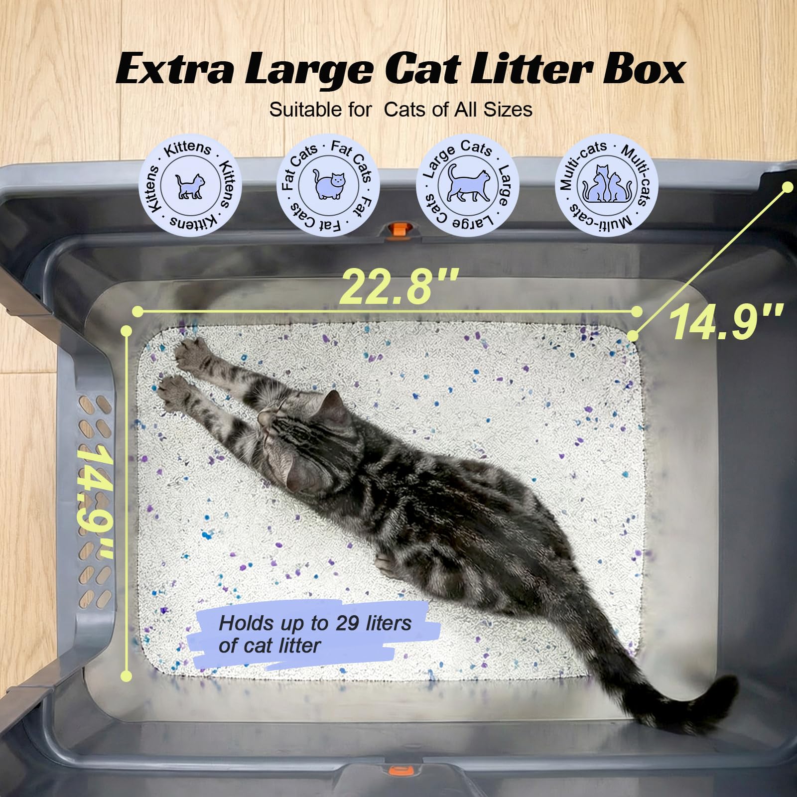 Stainless Steel Litter Box with Lid, Front Entry Top Exit Cat Litter Box, Extra Large High Sided Enclosed Metal Litter Box with Scoop, Pedal & Litter Mat, Grey - image 3