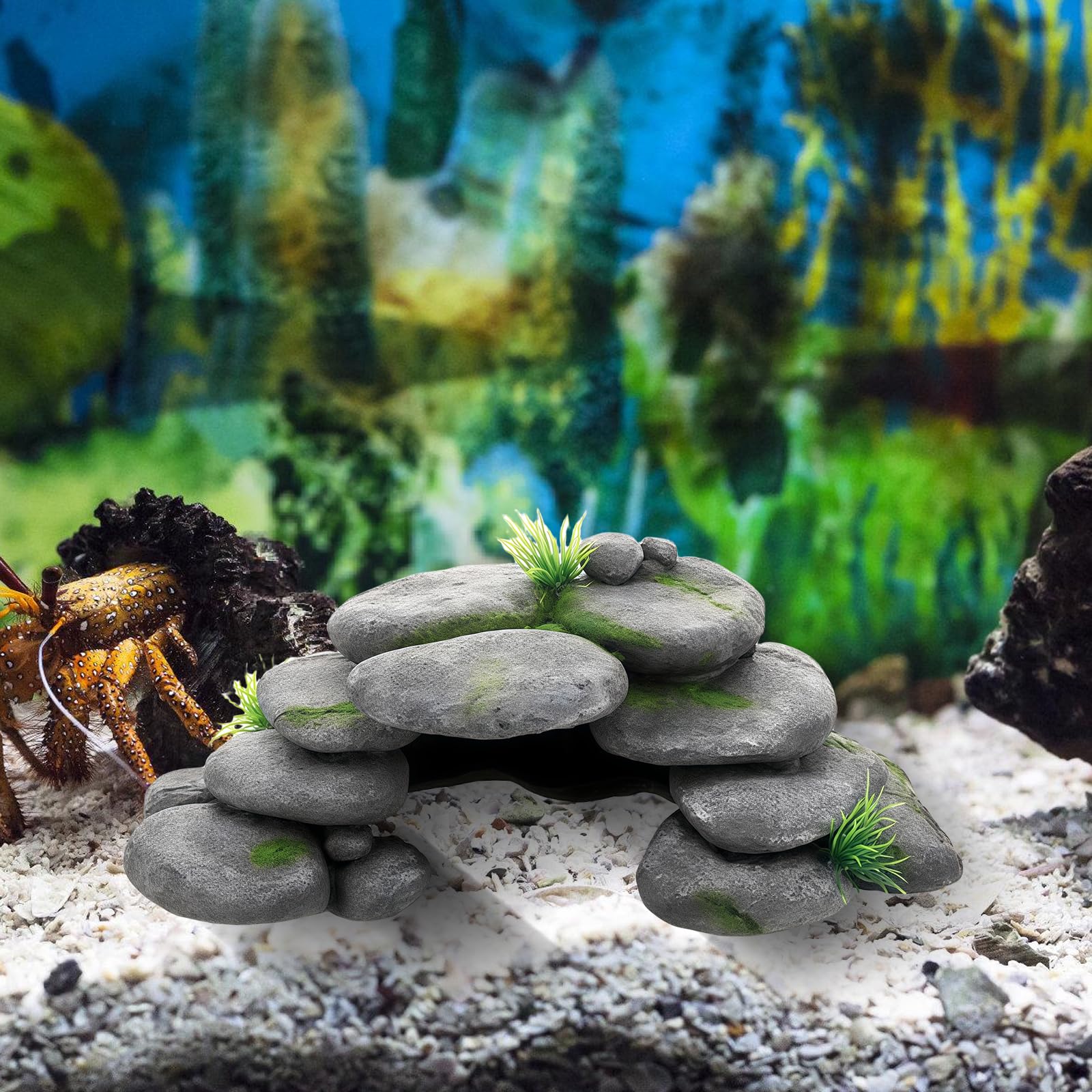Decorazione per acquario, grotta con erba verde, decorazione per acquario, grande, decorazione per acquario, nascondiglio in resina, per tartarughe, Axolotl, gamberetti, pesci