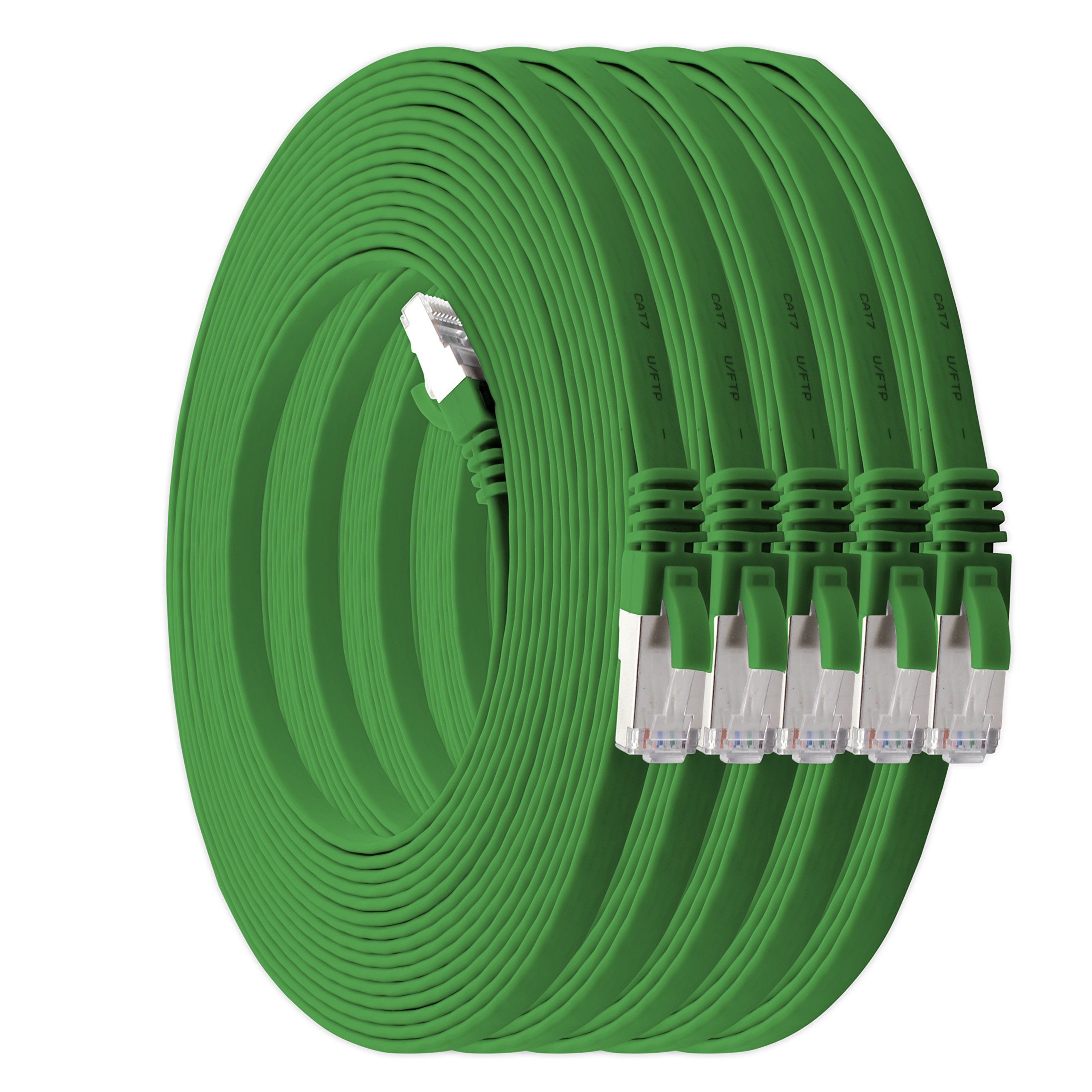 1aTTack.de 0,5m - grün - 5 Stück Cat7 Flachkabel Netzwerkkabel Cat 7 Rohkabel Gigabit Lan (10Gbit/s) Flachbandkabel Verlegekabel Patchkabel Flach Slim Rj 45 Stecker Cat6a