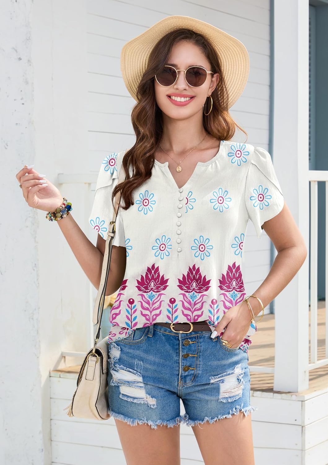 GUNEST Boho Short Sleeve Blouses for Women Summer Casual V Neck Vacation Beach Tops Loose Fit Button Shirts