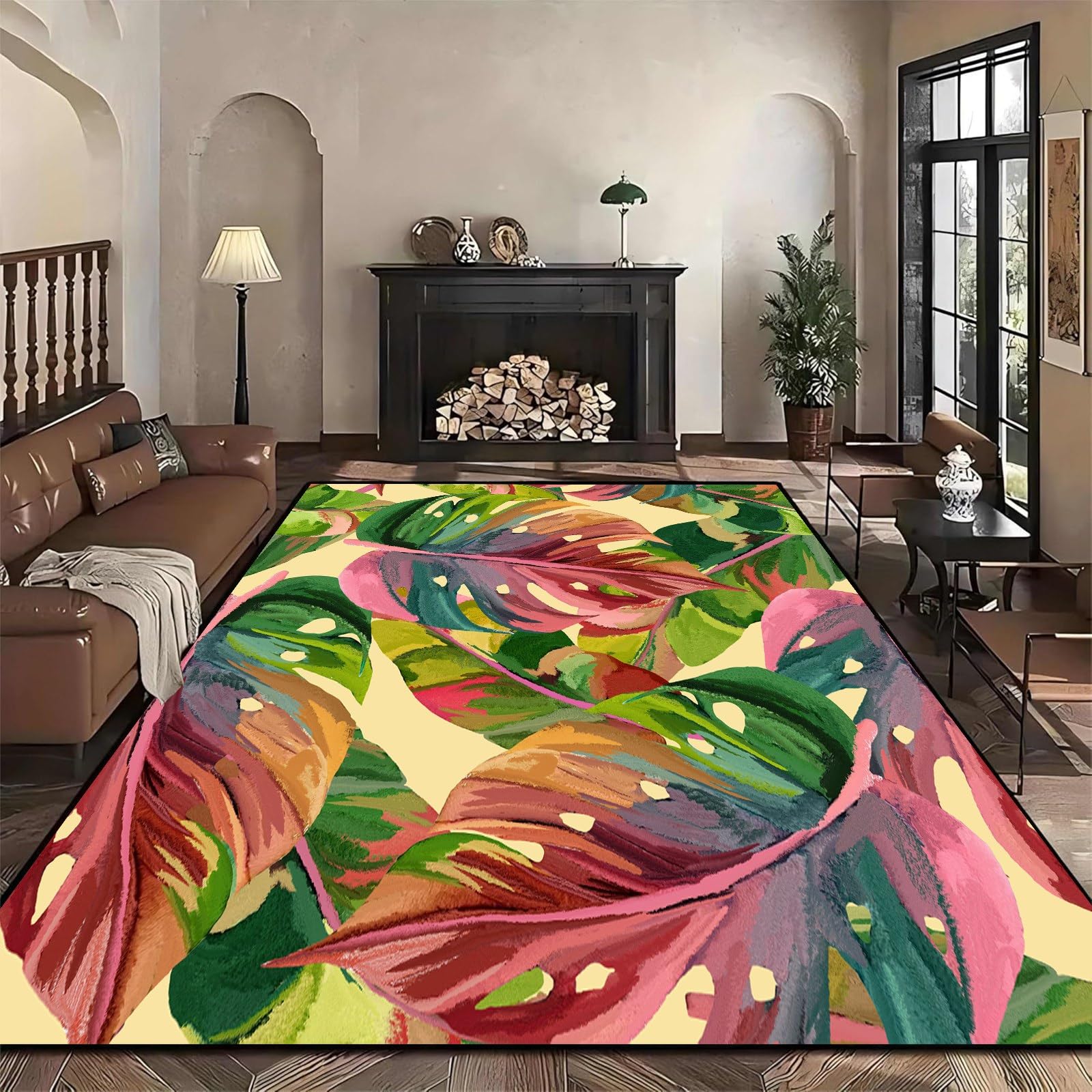 Bohemian Area Rug, 60x90cm Vintage Green Pink Leaf Plant Pattern Carpet, Non-Slip Washable Washable Indoor Decorative Rugs, Tropical Palm Leaves and Monstera Print Rugs for Living Room and Bedroom