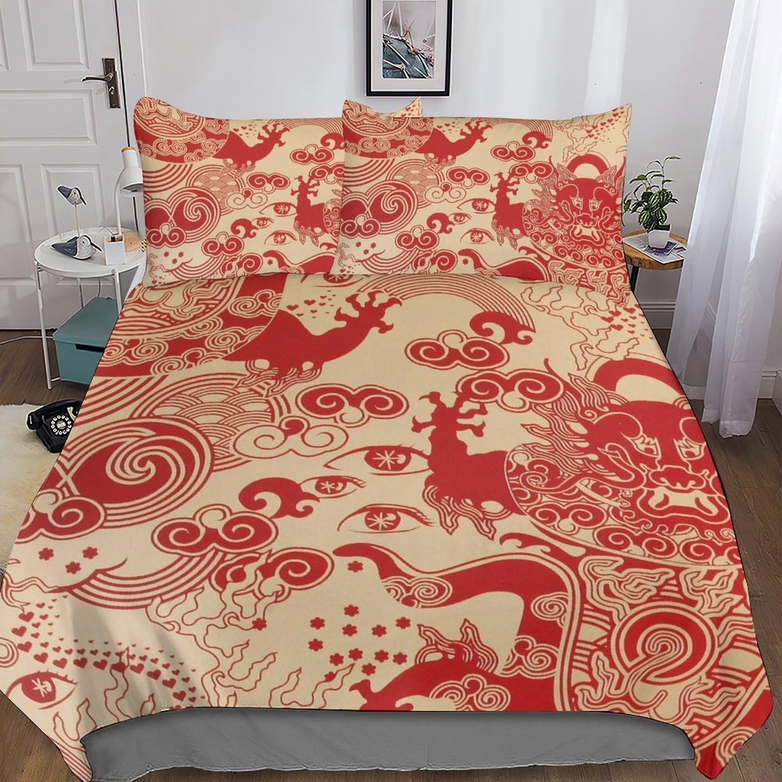 Parure de lit microfibre style chinois avec housse de couette imprimée 3D fermeture éclair