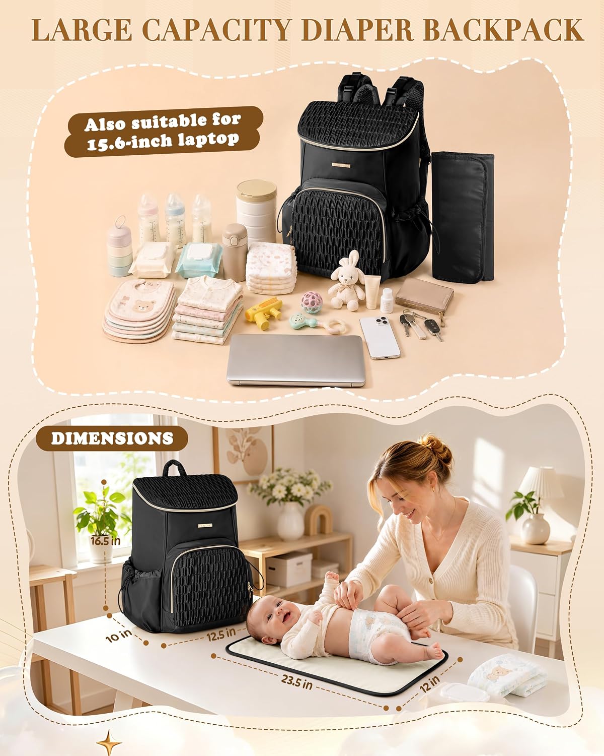 Marscamd Diaper Bag Backpack with Changing Pad, Large Baby Bag, Black | with Stroller Straps, Insulted Bottle Pockets, Luggage sleeve, for Travel & Labor Delivery