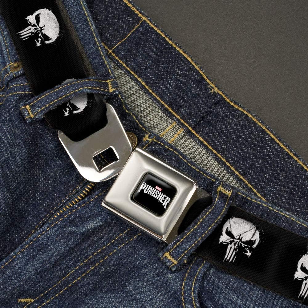 Buckle-Down Men's Seatbelt Belt The Punisher Regular, Series icon Black/White, 1.5" Wide-24-38 Inches