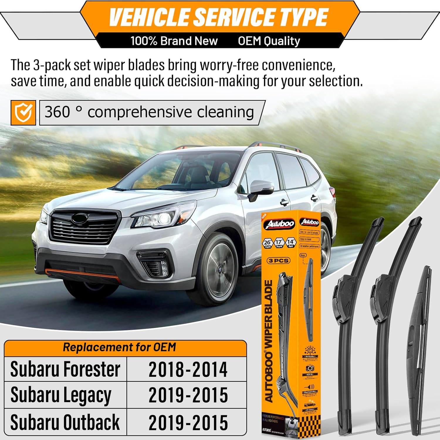 autoboo 26"+17" windshield wipers with 14" rear wiper blade replacement for 2014-2018 subaru forester outback legacy 2015-2019 -original factory quality (pack of 3) 26"+17"+14inch