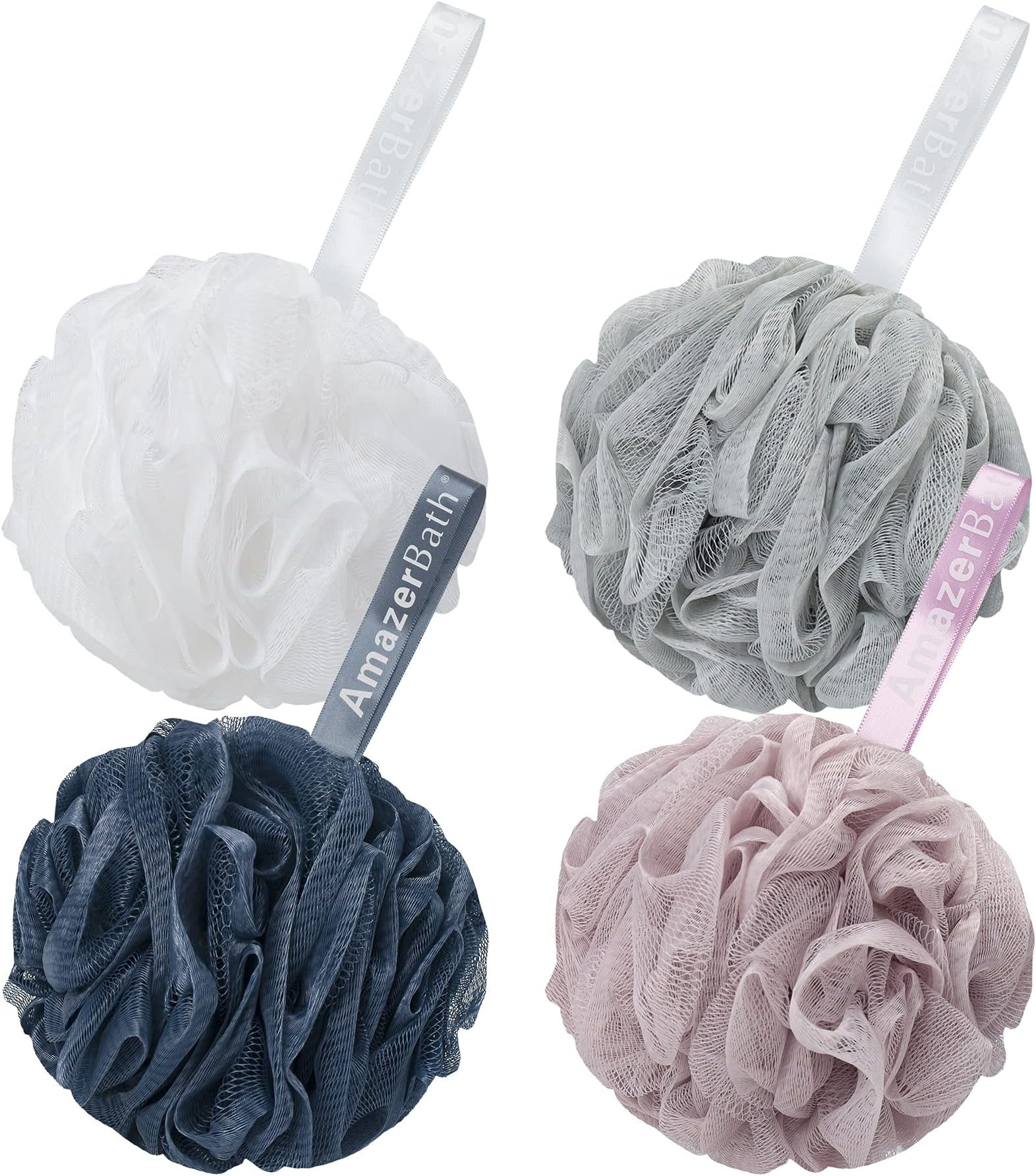 AmazerBath Loofah Sponge 75g/Piece, Exfoliating Bath Sponge Body Scrubber - Loofa Set of 4 Grey Blue-Pink-Grey-White (Large)