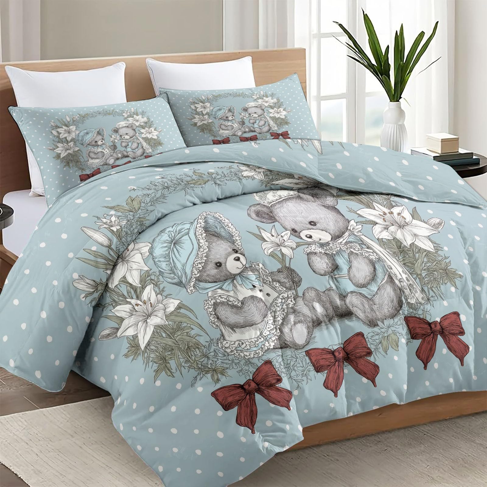 Edredón sin funda de edredón individual de 4,5 tog, 135 x 200 cm, acolchado de verano, estilo shabby chic, oso de peluche y lirio blanco, colcha reversible con estampado de animales, lunares, manta