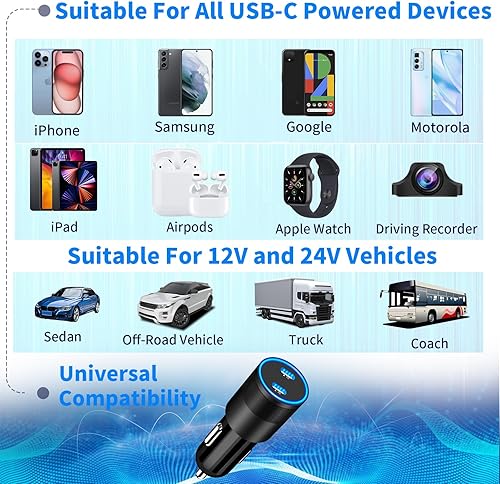 Miniatura 7 de Apple MFi Certified iPhone 15 Fast Car Charger, KYOHAYA 72W PD Type-C Power Car Charger Fast Charging Cigarette Lighter+2Pack USB-C to USB-C