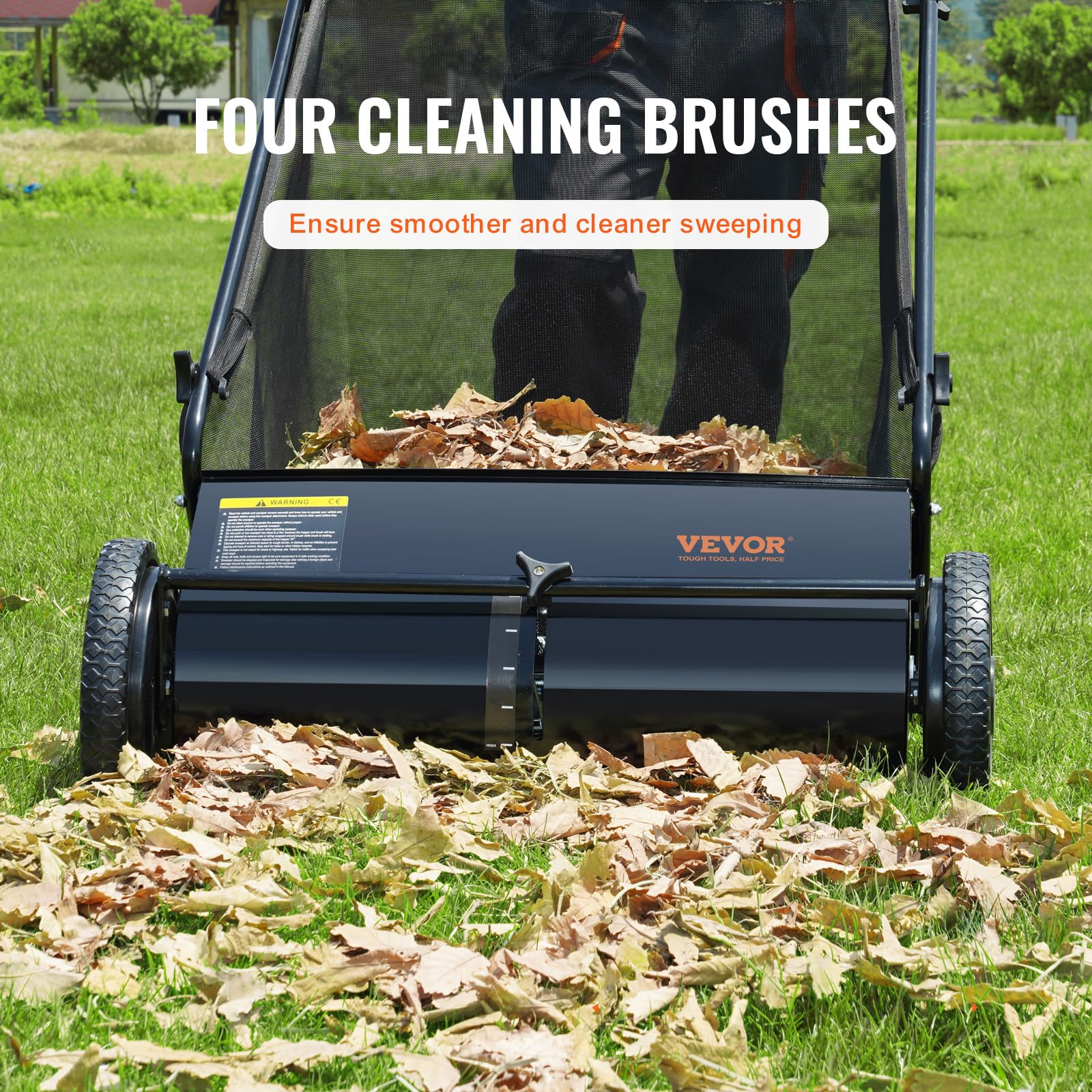VEVOR Push Lawn Sweeper, 26 Inch Leaf & Grass Collector, Strong Rubber Wheels & Heavy Duty Thickened Steel Durable to Use with Large Capacity 7 ft³ Mesh Collection Bag, 4 Spinning Brushes - Additional View