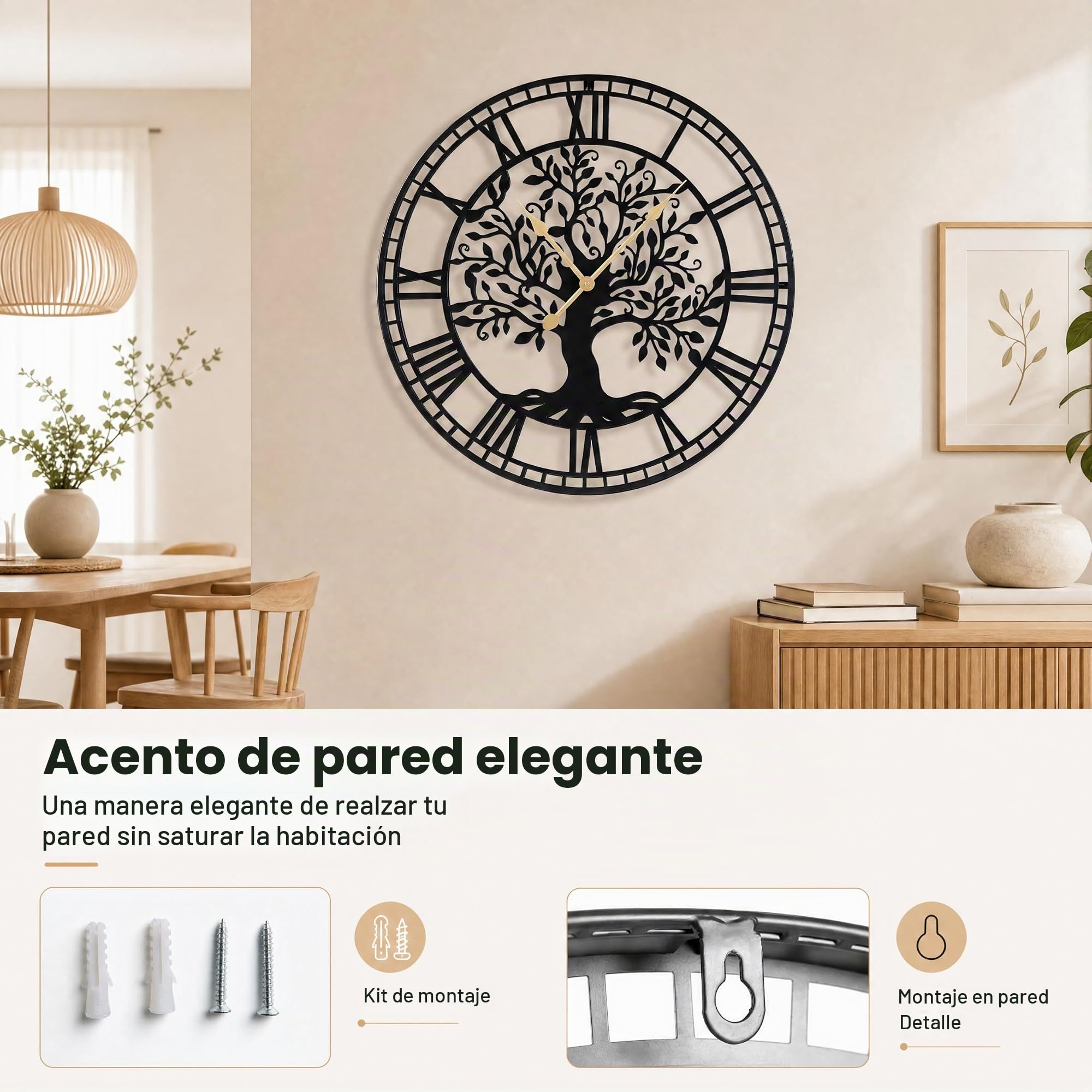 LIFEZEAL - Reloj de pared grande y silencioso de 68 cm, diseño moderno, árbol de la vida de metal, péndulo sin tic-Tac con pilas, decoración de pared para sala de estar, dormitorio, oficina (Style1)