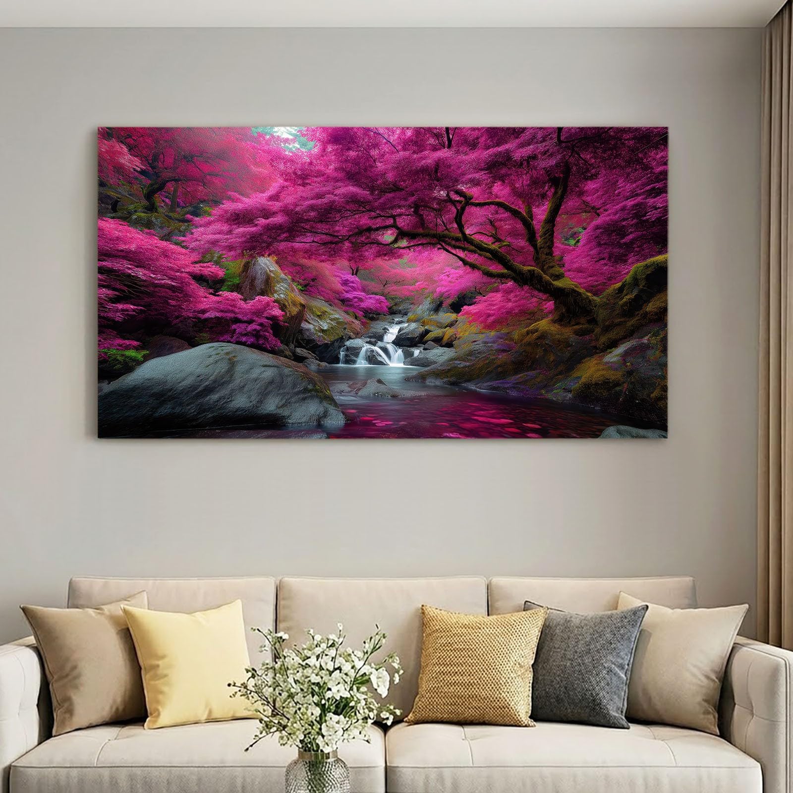 Obraz ścienny natura krajobraz obraz obraz na płótnie - 90 x 60 cm, wydruk na płótnie z lasem, drzewo skała, oprawiona sztuka ścienna do salonu i sypialni, dekoracja ścienna, różowy