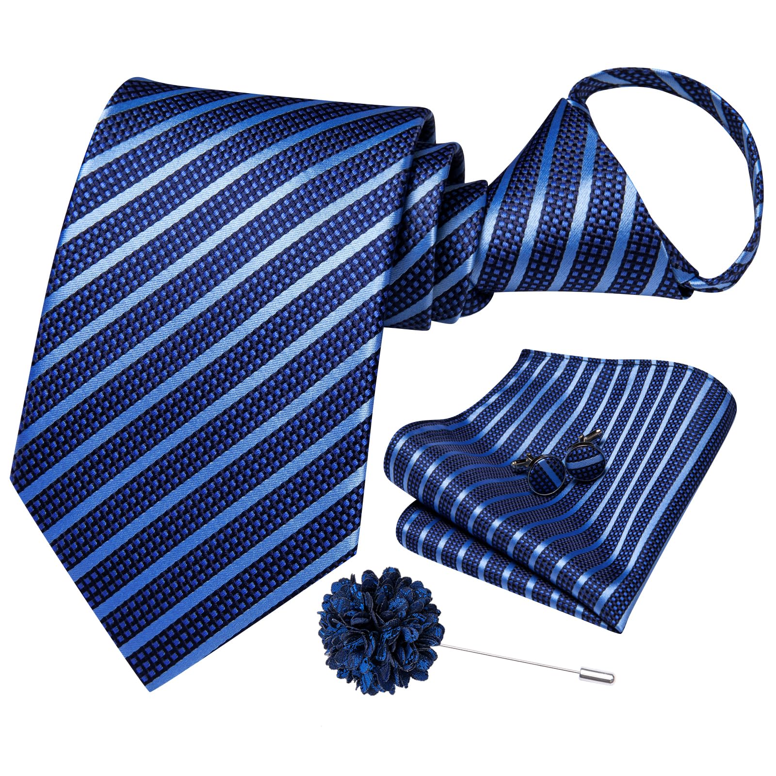 Hi-Tie Mens Adjustable Blue Striped Tie Set Silk Zipper Pre-tied Necktie Handkerchief Cufflinks Pocket Square Lapel Pin Formal Business