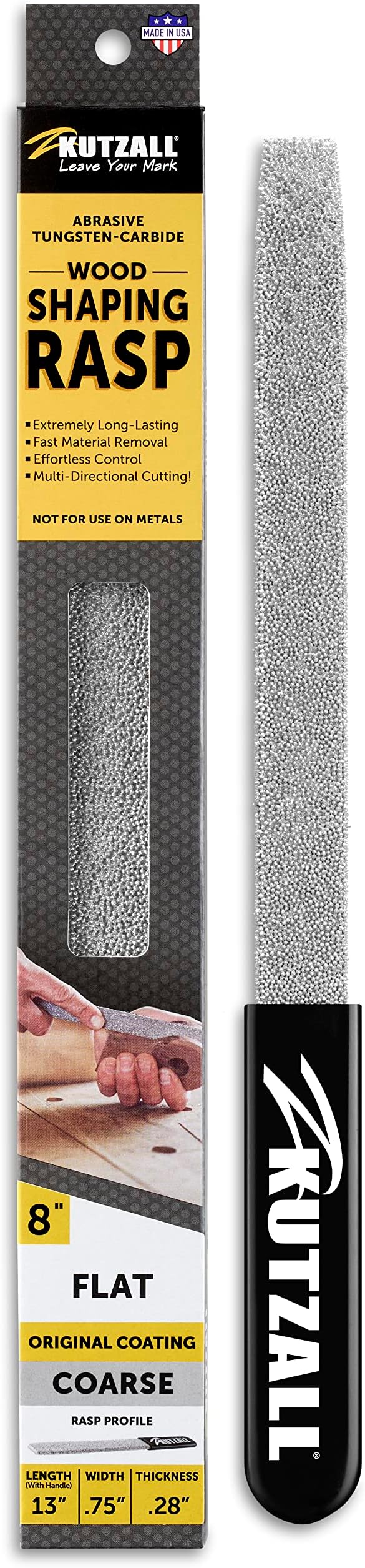 Kutzall Original 8" Flat Hand Rasp - Coarse, Wood Rasp/File used for Woodworking & Shaping, W/Ergonomic Soft Grip Handle, Abrasive Tungsten Carbide Coating - 13" (330.2mm) Overall Length - FT8330