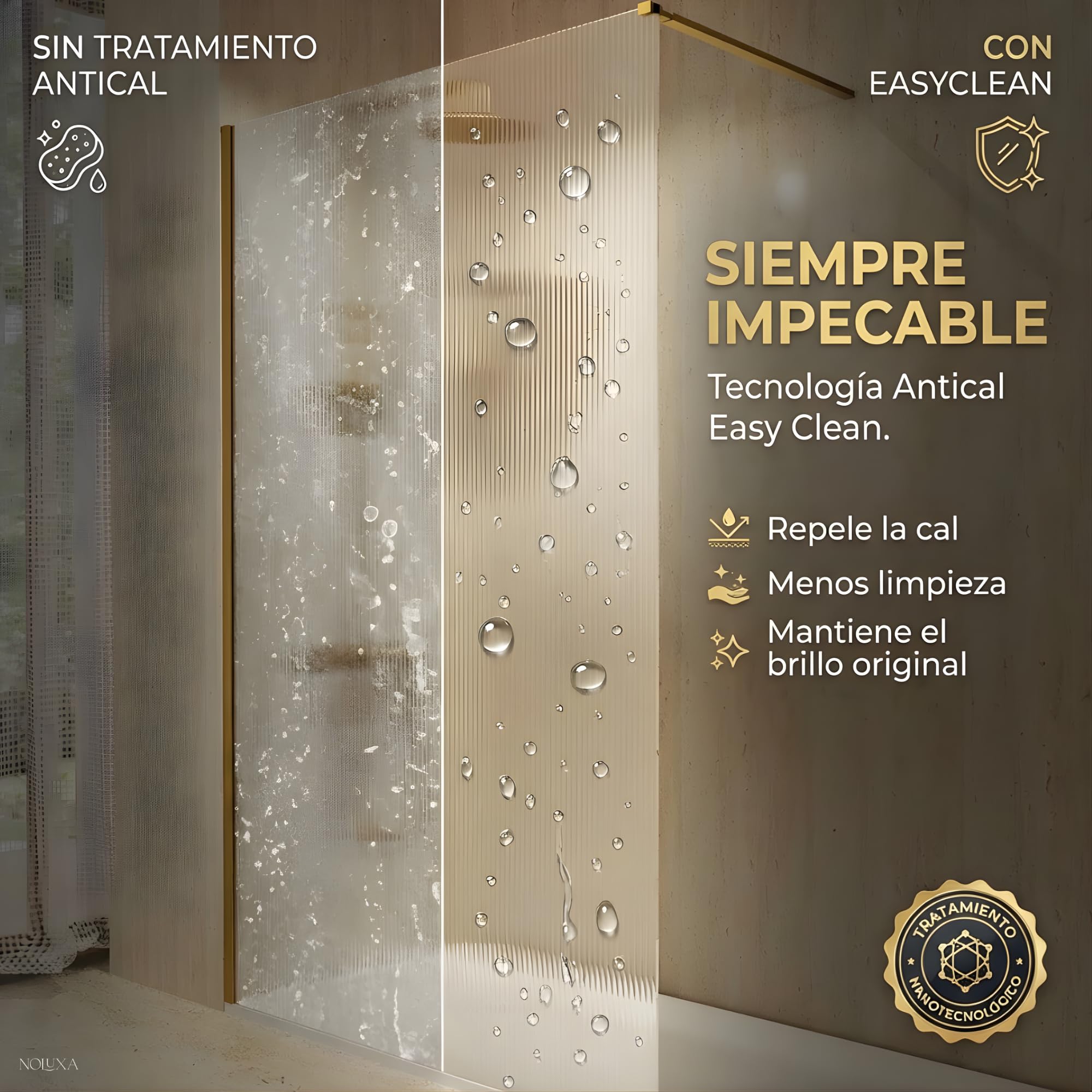 IMEX - Mampara Ducha Fija Dorada 80cm Frontal con Brazo de Sujeción | Mampara de Cristal Antical y Perfilería de Aluminio con 200cm de Altura | Vidrio con Grosor 8mm y Sistema de Montaje Fácil