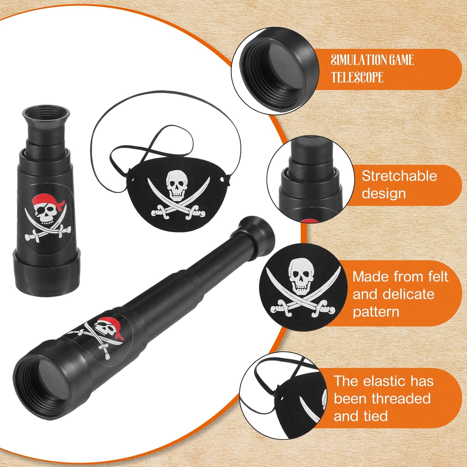 24 Pcs Plastic Pirate Telescopes Pirate Eye Patches Set, Pirate Party