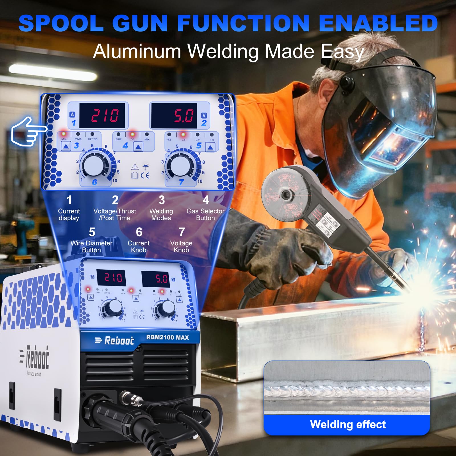 Reboot Saldatrice 6 in 1 210A MIG MAG con/senza Gas Sinergica, MMA, Lift TIG, Alluminio – IGBT Inverter – 230V Display LED – RBM2100 MAX