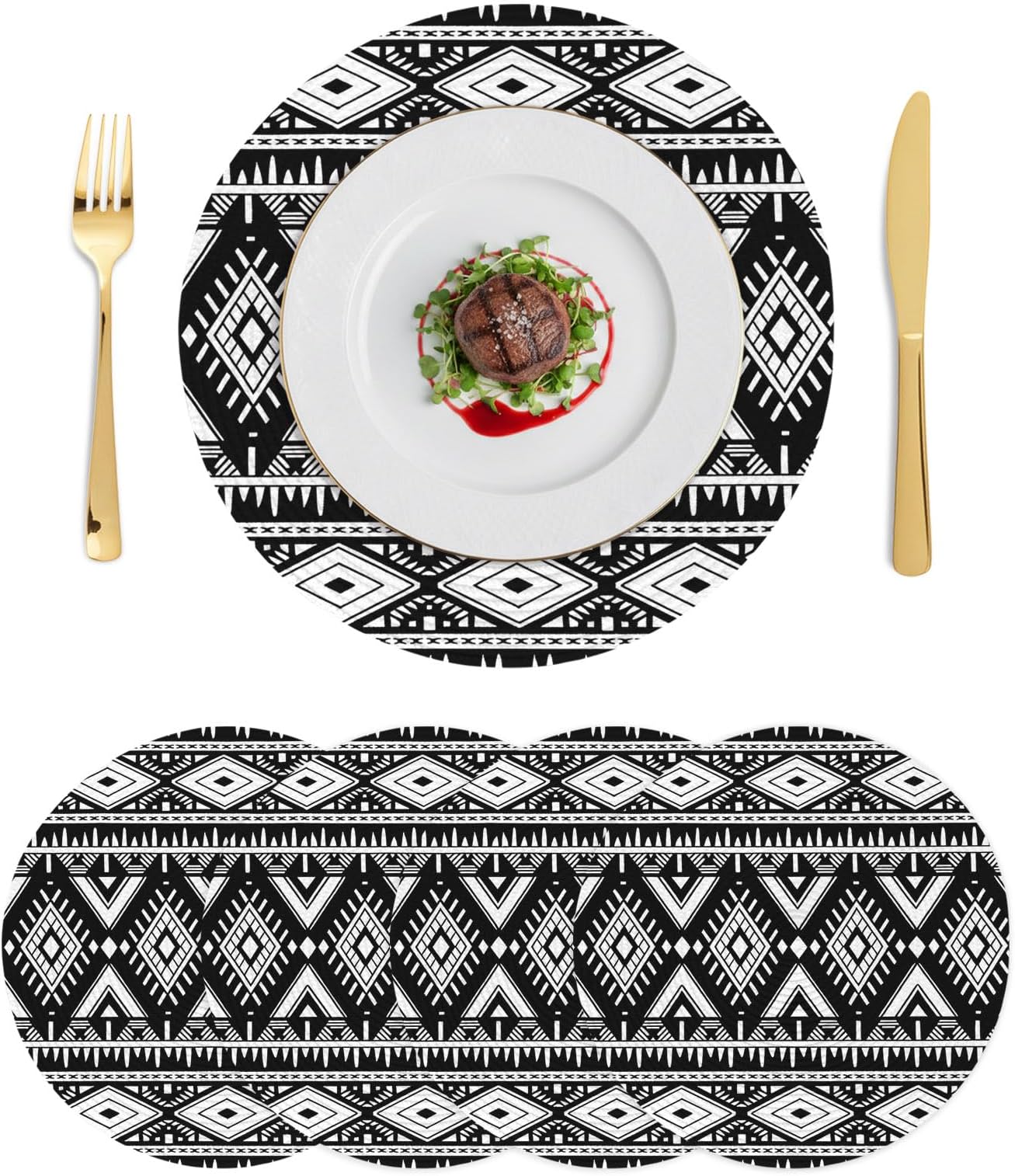 Round Placemats Set of 4 Tribal Aztec Geometric Texture Heat-Proof Table Mats Washable PP Placemat Black White Ethnic Pattern Non-Slip Place Mats for Home Kitchen Dining Decor,13 Inches