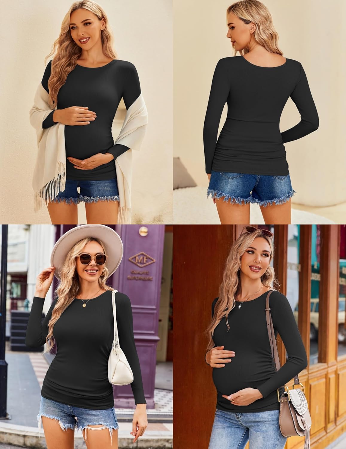 Ekouaer Maternity Shirts 3 Packs Women Long Sleeve Pregnancy Tee Tops Tunic Blouse Ribbed Side Ruched Mama Clothes S-XXL - Image 4