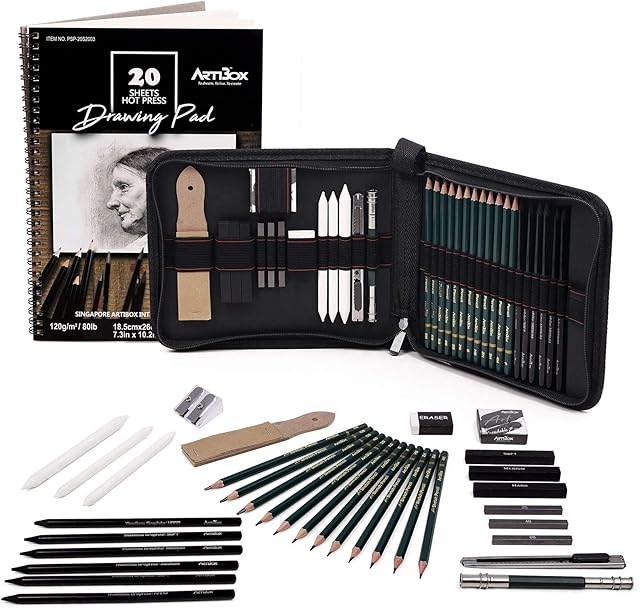 ARTIBOX Sketching Pencil Set, 35 Pcs Professional Drawing Kit Complete Art Set with Drawing Pad and Bag, Including Graphite Pencils, Stump Blenders, Charcoal Sticks for Artist Beginners