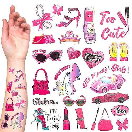 30 hojas de tatuajes temporales rosados de princesa rosa intenso, decoraciones de fiesta de cumpleaños, tatuajes rosados, suministros de fiesta de