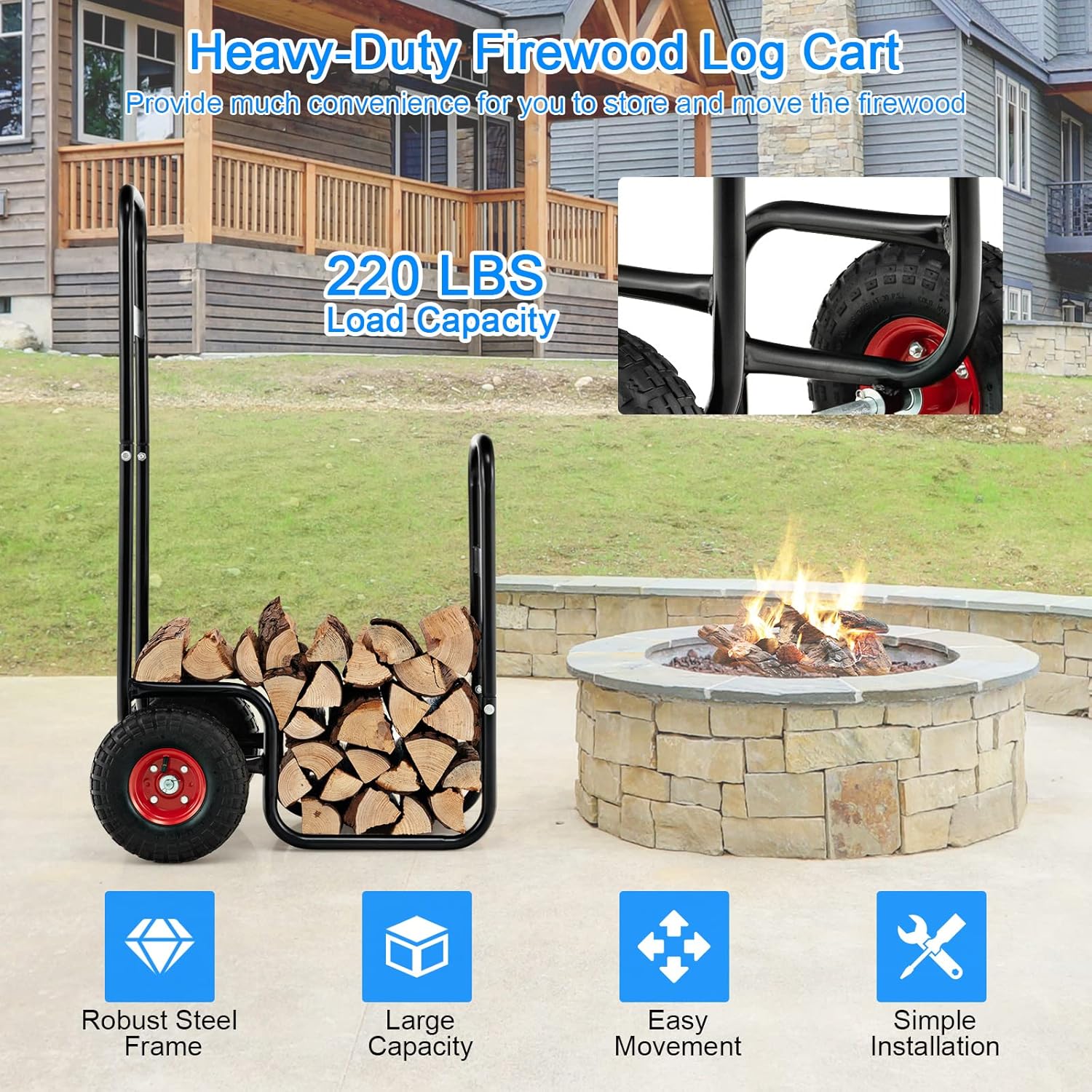 ORALNER Firewood Log Cart Carrier, 26" Fire Wood Moving Carts with Large Rubber Wheels, Firewood Rack Storage Mover Indoor Fireplace Log Holder Wood Stove Rolling Dolly Hauler for Outdoor Fire Pit