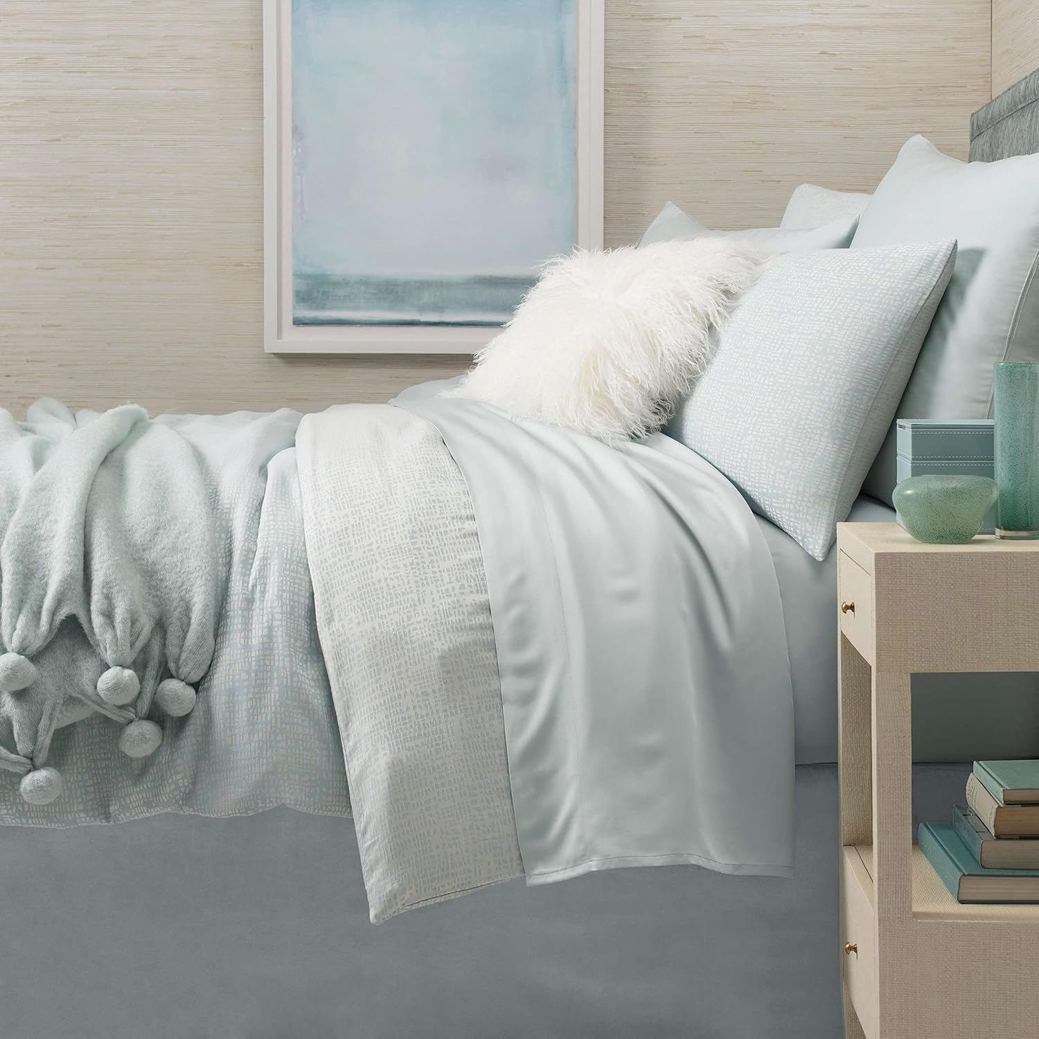 Pine Cone Hill Silken Solid Robin's Egg Blue Sheet Set, Queen Size, Blue Solid Pattern