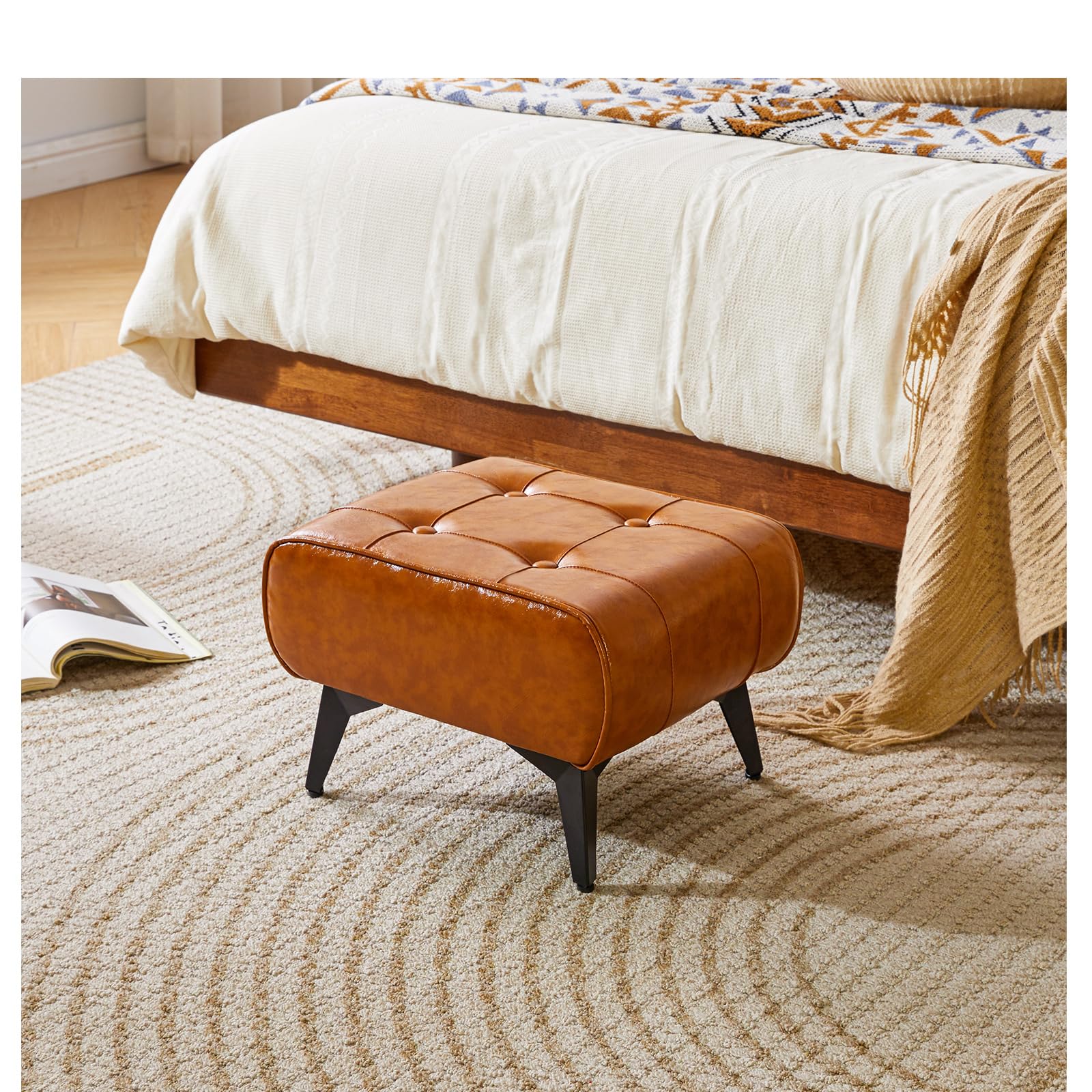 YMYNY 10.2 H Repose Pied Salon, Tabouret Repose-Pieds en Cuir PU avec Coussin Rembourré pour l'assise. Tabouret de Canapé Moderne, pour Salon, Chambre, Entrée, Orange HBD037J