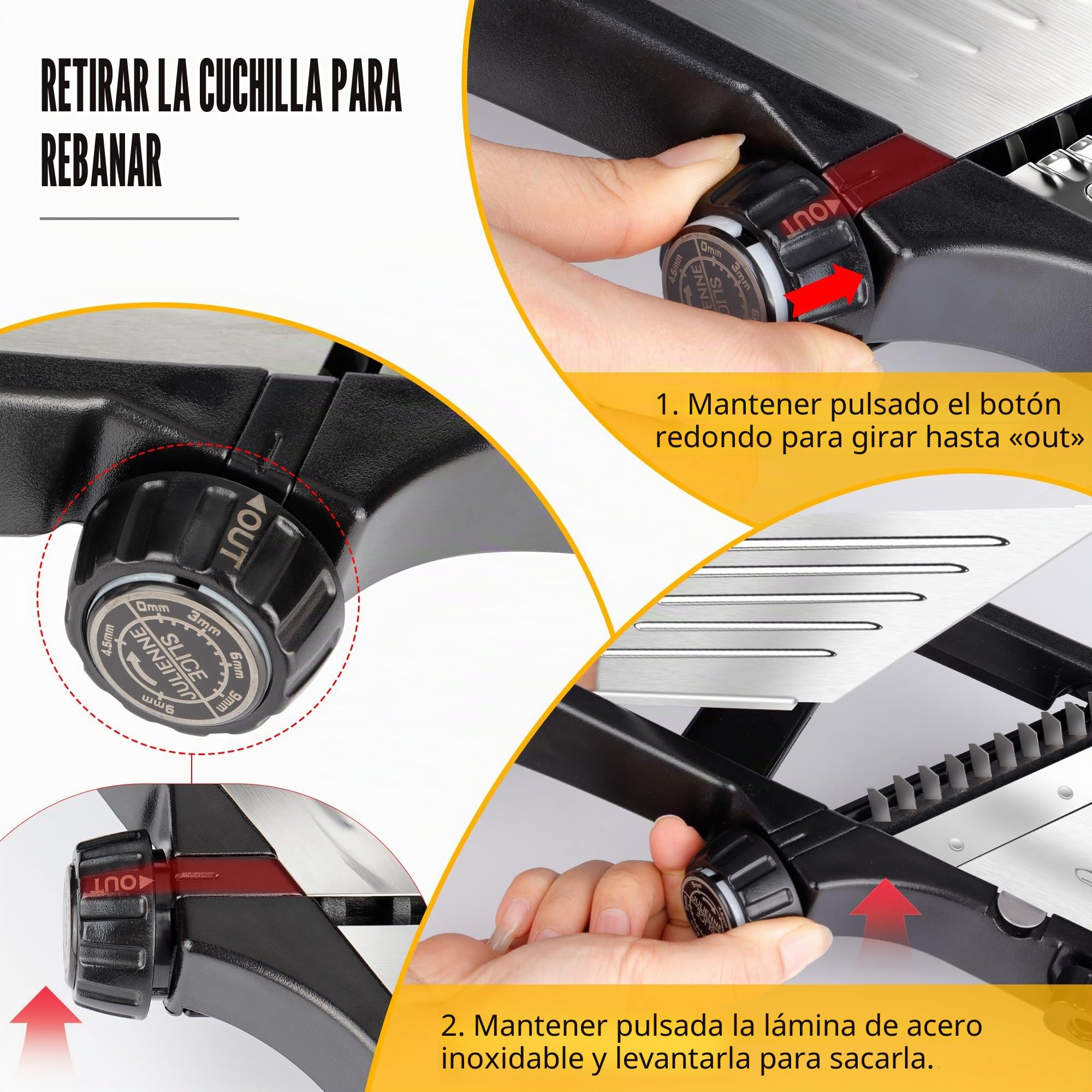 Mandolina cortadora de cocina ajustable de acero inoxidable para verduras, cebolla, patatas, panqueques, patatas, panqueques, hoja ajustable 7 en 1, incluye 1 par de guantes