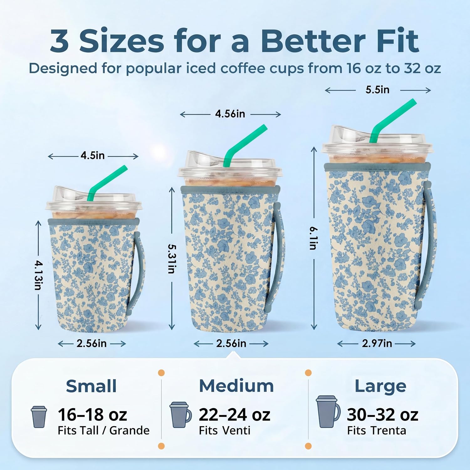 Artsocket 3 Pack Iced Coffee Sleeve with Handle, 16oz-32oz, Floral Blue Vintage