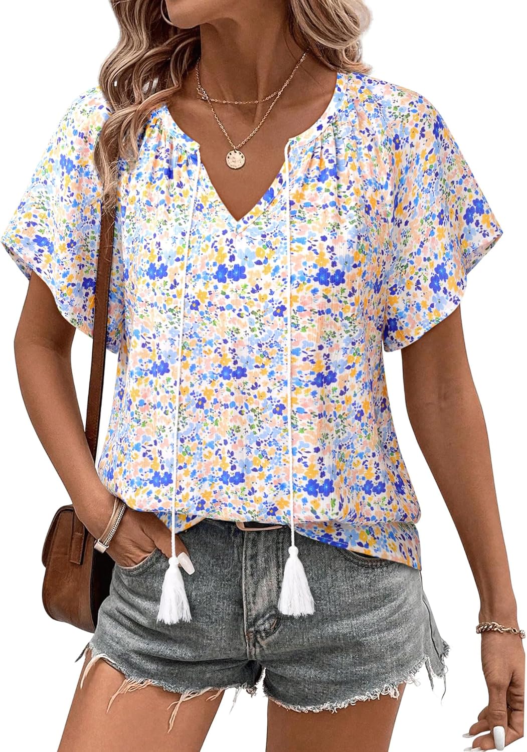 Unixseque Summer Tops for Women Casual Boho Blouses Short Sleeve V Neck Shirts Tie Front 2025 Trendy Beach Vacation Clothes - Image 2