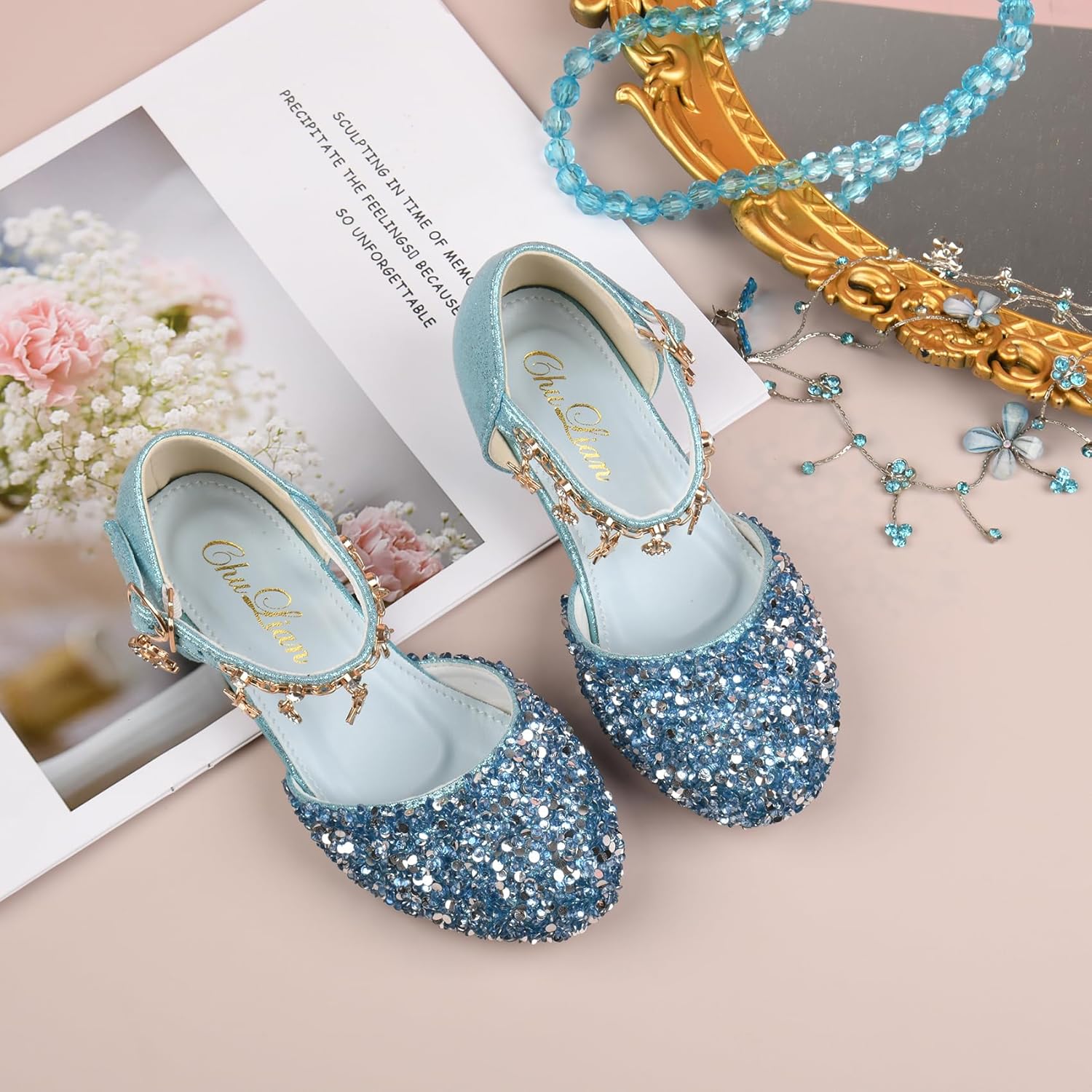 ChuLian Little Kids Girls Dress Pumps Glitter Sequins Princess Low Heels Princess Dress Shoes Party Dance Shoes Rhinestone Sandals - Image 2