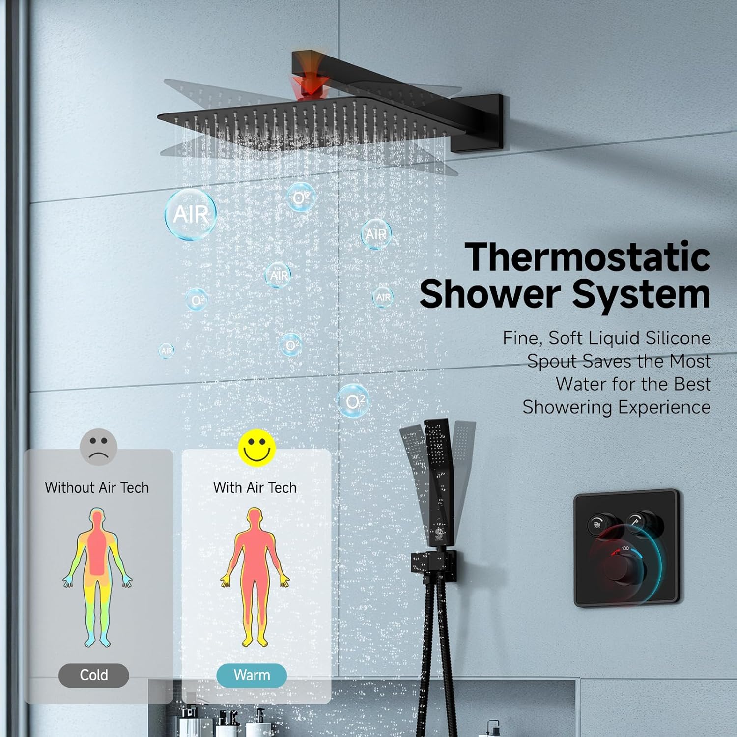 SR SUN RISE 100℉ Thermostatic Shower System,10" Luxury Rainfall Shower Head and High-Pressure Handheld Bathroom Shower Faucet Set,Shower Valve and Trim Kit Included (Matte Black)