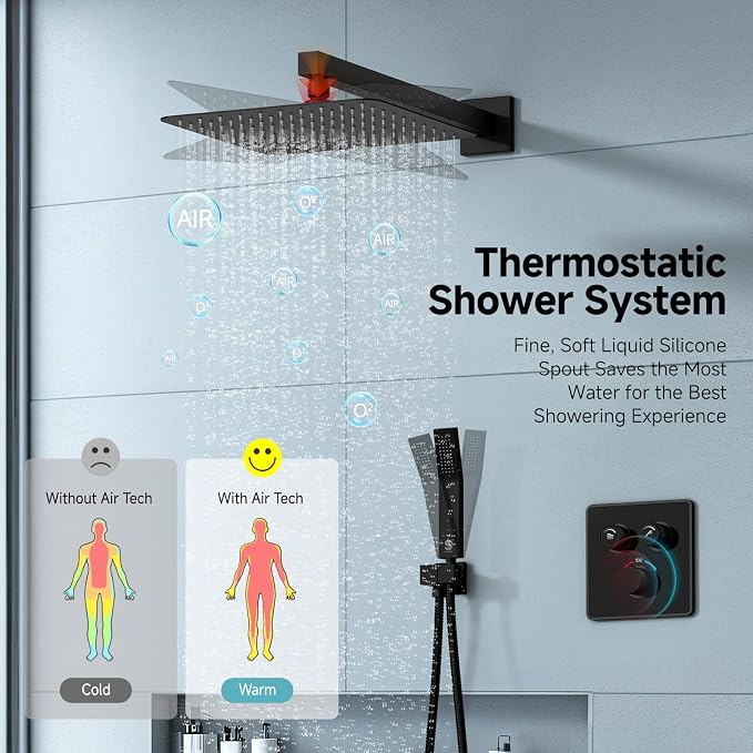 Sistema de ducha termostático SR SUN RISE 100 °F, acabado negro mate cepillado, ducha de lluvia de lujo de 10 pulgadas, ducha de mano de alta presión, latón sólido, montaje en pared, incluye válvula y kit de revestimiento miniatura 8