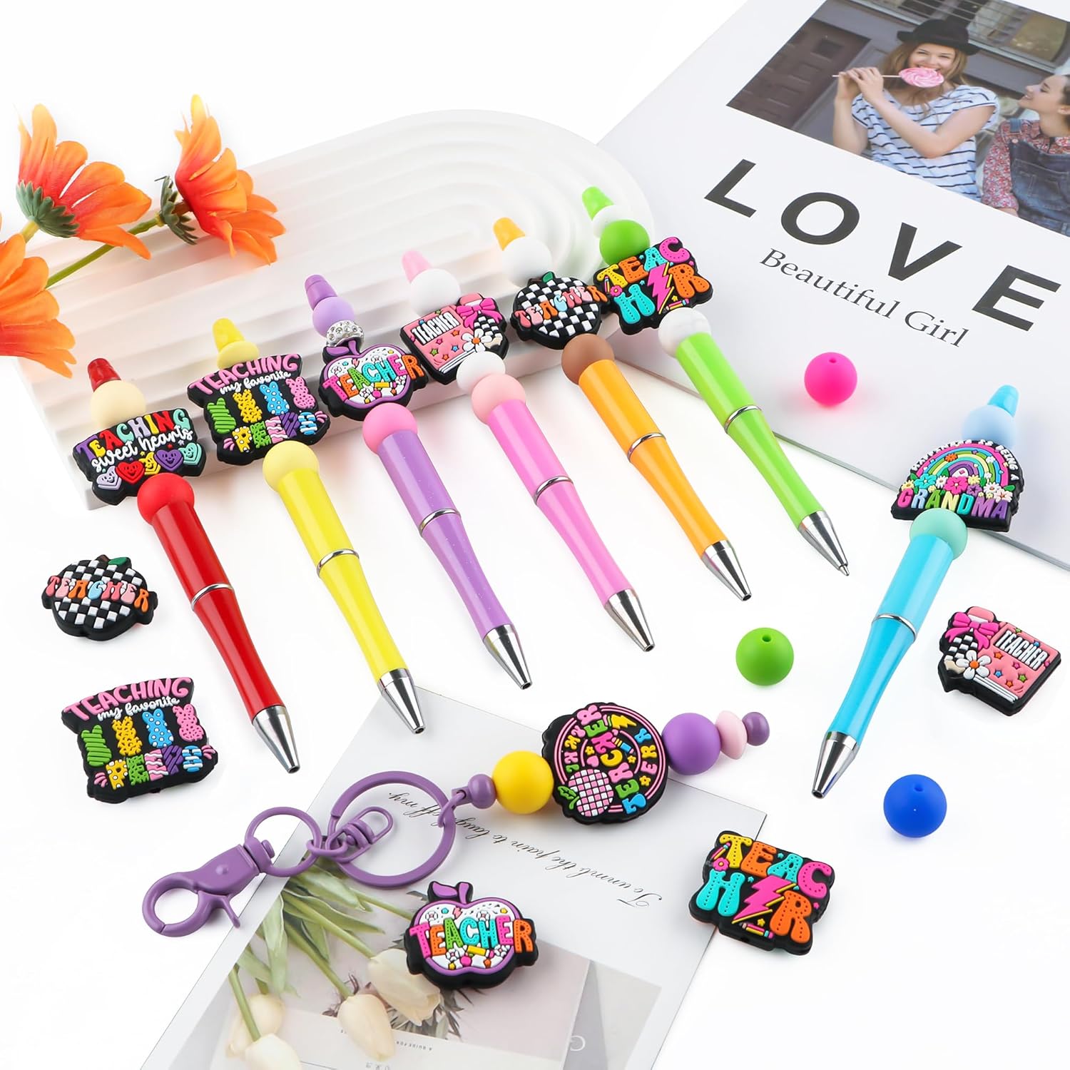 Lovymi 12PCS Mama Silicone Focal Beads for Pens, Rainbow Grandma Mom Silicone Beads for Keychain Making DIY Handicraft - Image 3