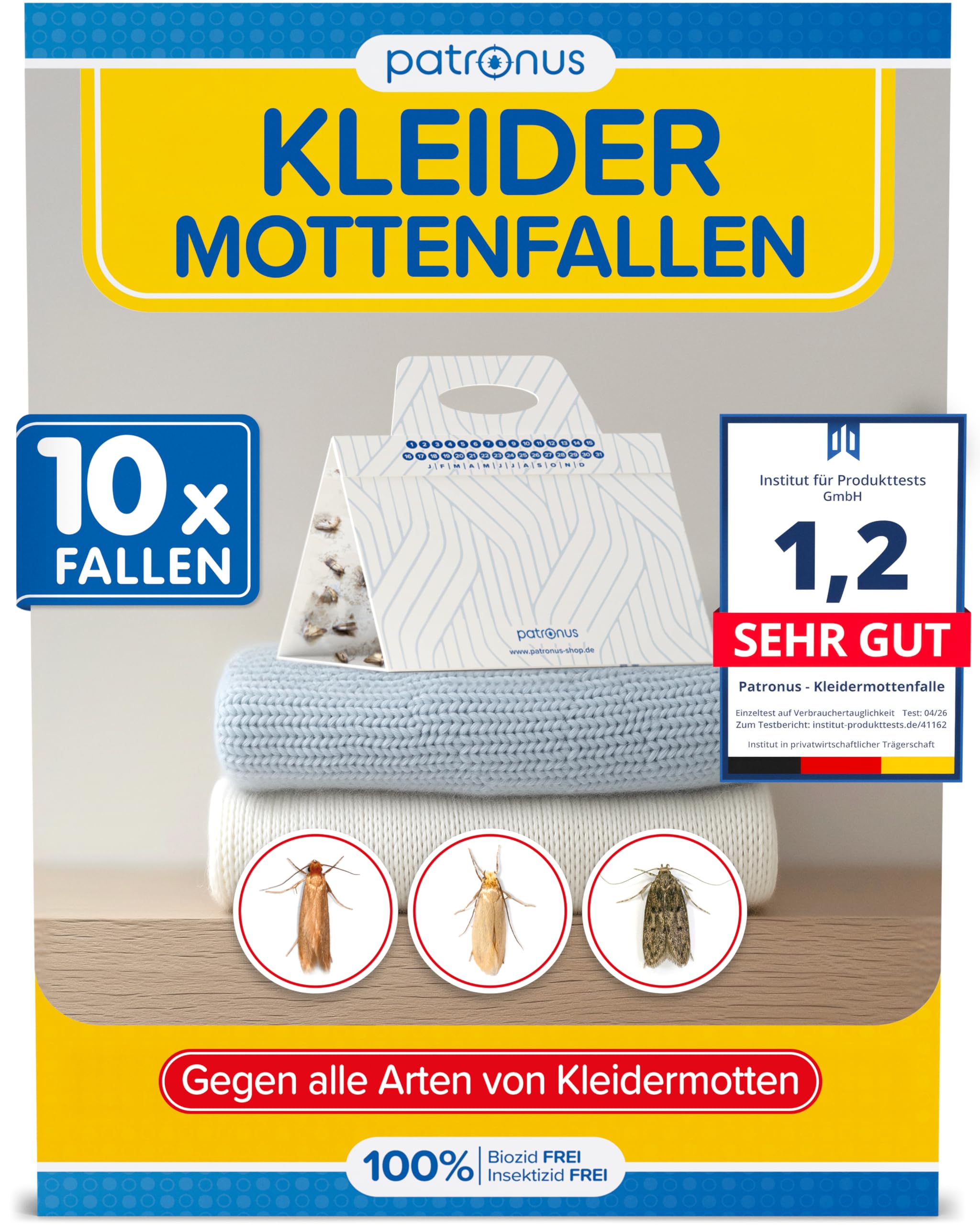 Patronus Kleidermottenfalle [10 Stück] - effektiver Mottenschutz für Kleiderschrank - Mottenfalle Kleidermotten mit maximaler Lockwirkung - Kleidermotten bekämpfen - Alternative zu Mottenpapier