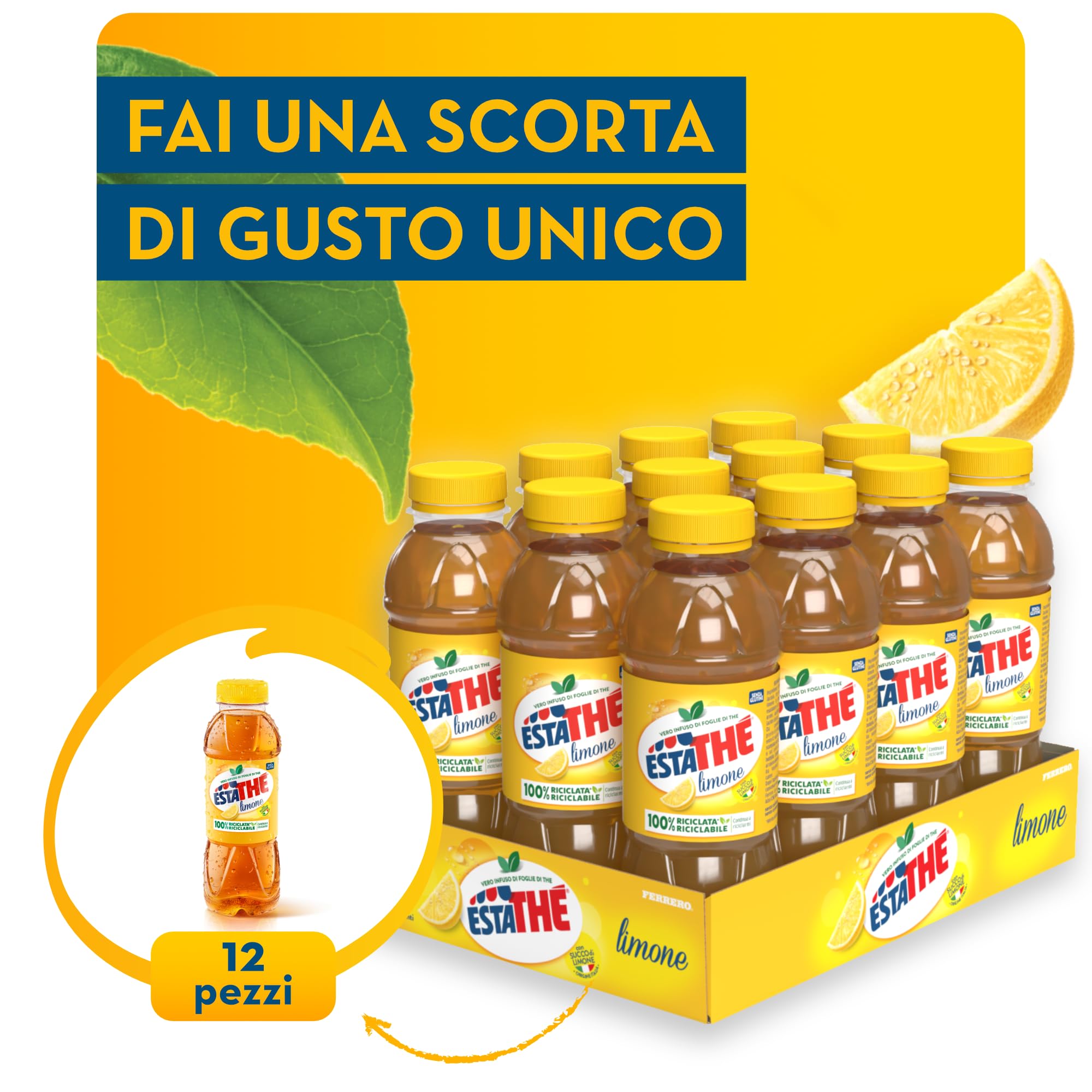 Estathé Limone - The Freddo con Vero Infuso di Foglie di The e Succo di Limone, Bevanda Analcolica Senza Glutine, 12 Bottiglie da 400 ml