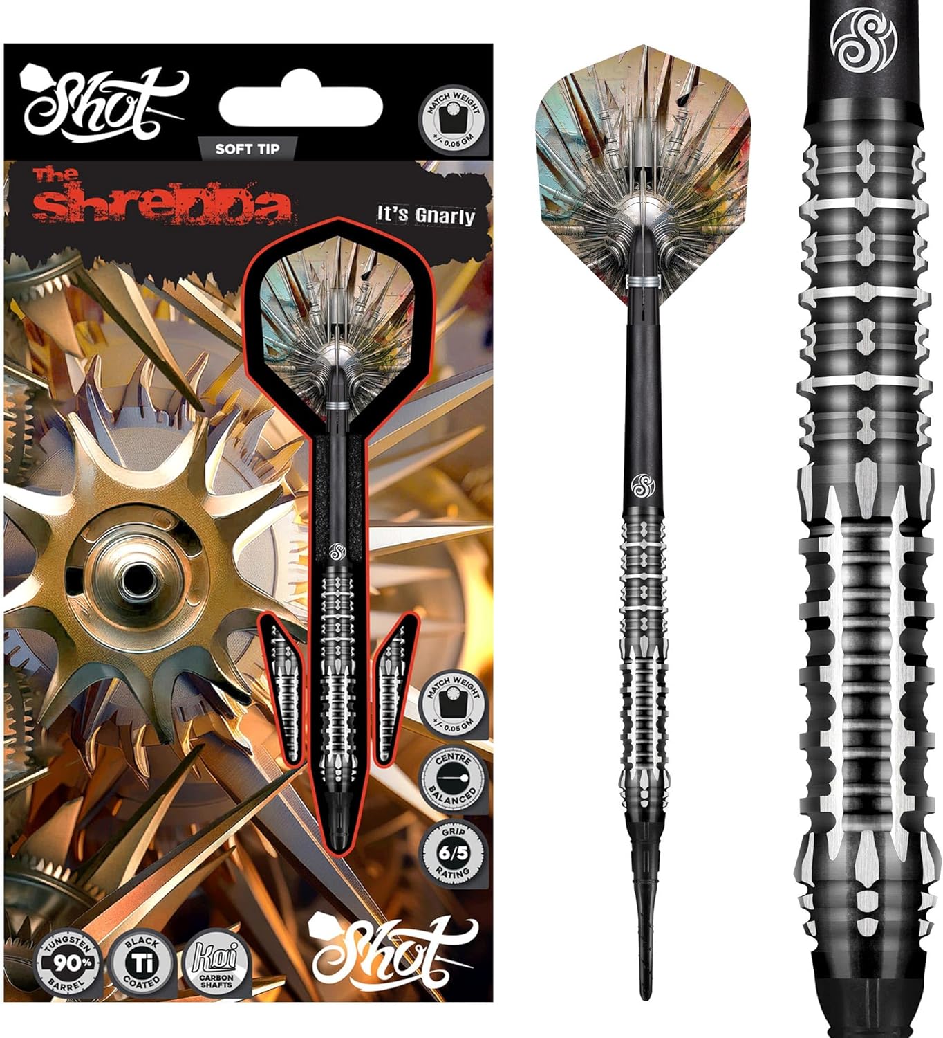 Shot! Gnarly Shredda Soft Tip Darts Set 90% Tungsten Centre Weighted Steel Tip Darts for Bristle Dartboard (28, Grams)