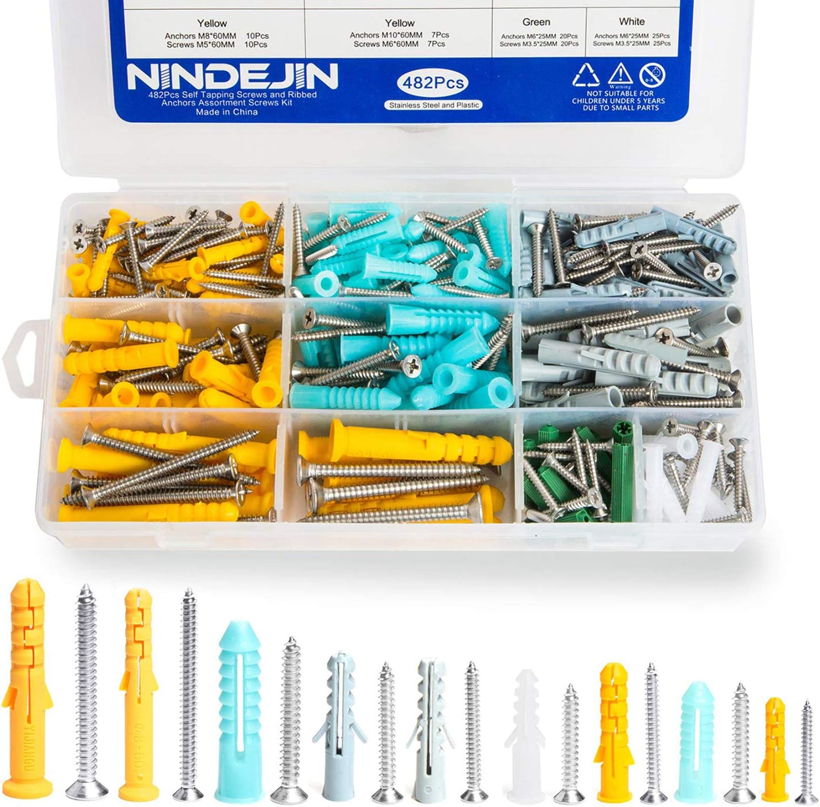 NINDEJIN 482Pcs Plastic Screws and Anchor Assortment
