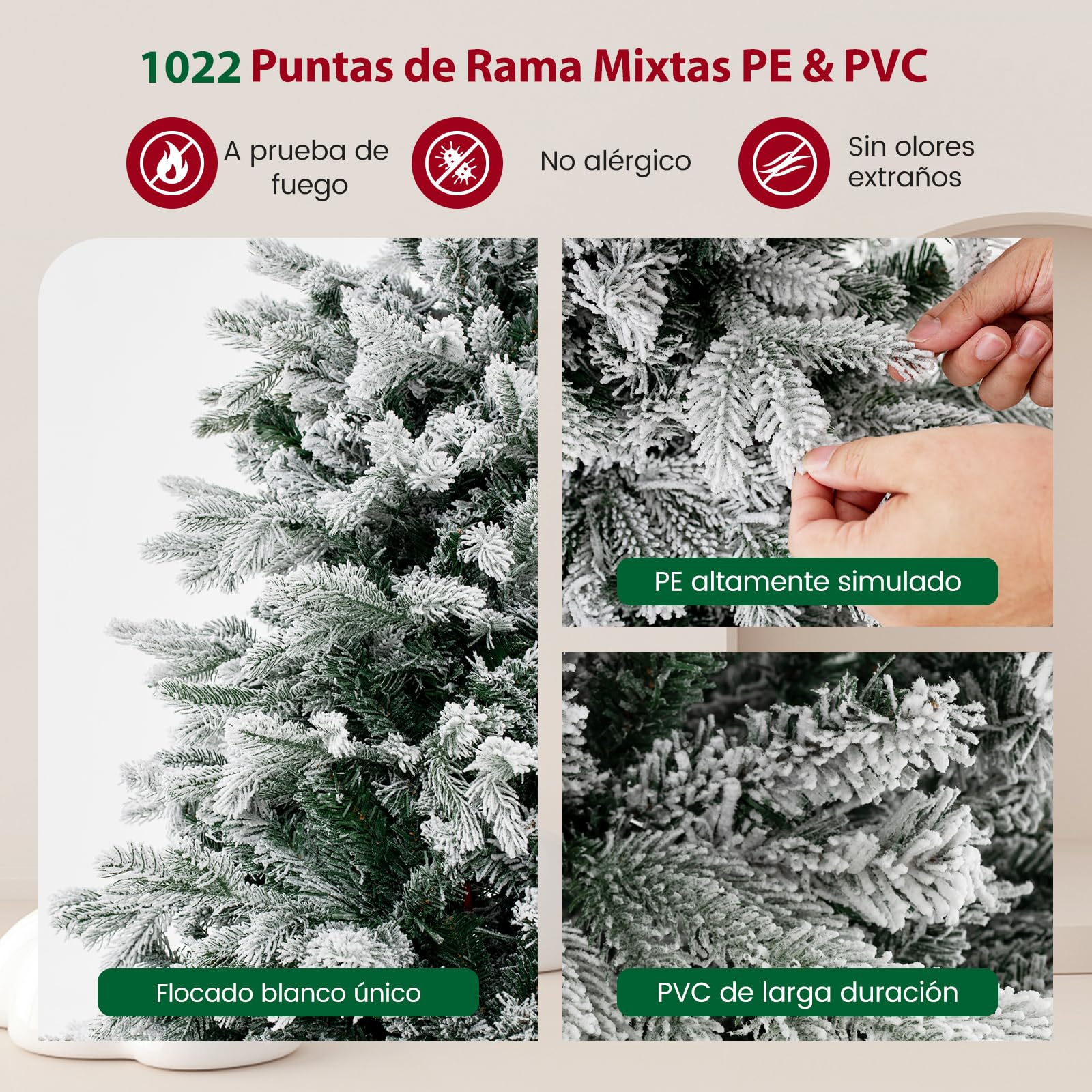 COSTWAY Arbol de Navidad Nevado con Luces 180cm, Arbol de Navidad con Luces Incorporadas, 350 Luces LED Blancas Cálidas, 1022 Puntas de PE y PVC, Arvore de Natal Hogar Oficina Tienda(180cm)