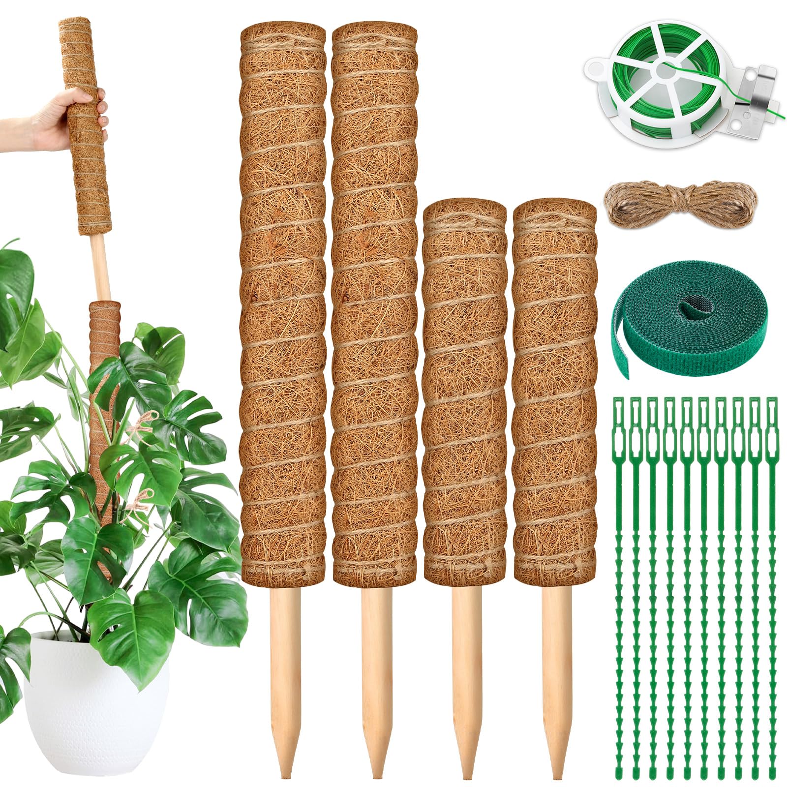 modacraft 4 Pack Pflanzenstab Rankhilfe(42, 32cm), Biegbar Kokosfaser Moosstab für Monstera mit Sprühflasche Garten Drehbinder Pflanzenbinder Pflanzenetiketten Juteseil Kokosstab für Kletterpflanzen