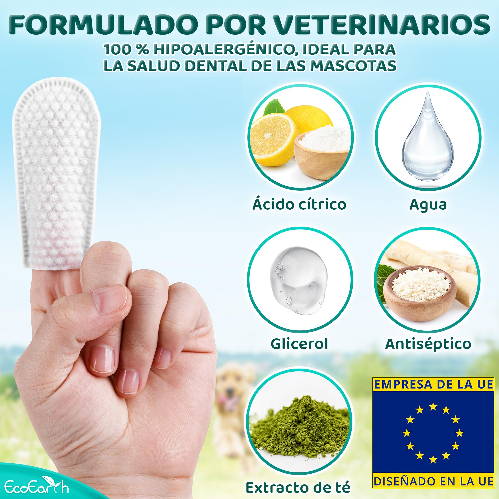 EcoEarth Toallitas de Limpieza Dental Premium para Perros y Gatos - 100 Piezas - Almohadillas para los Dedos para el Cuidado Dental de Mascotas para un Aliento Fresco y una higiene bucal