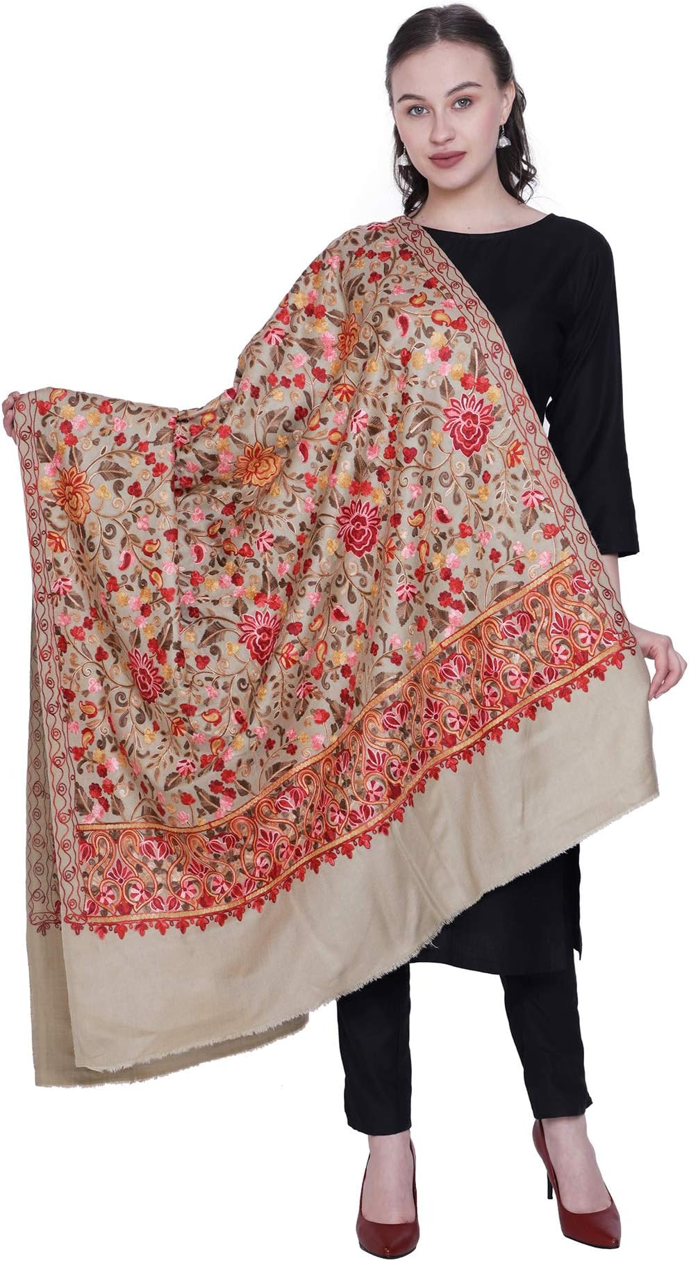 Women's Kashmiri Wool Blended Shawl Embroidered by Kashmiri Artisans, (Large Size - 40 x 80 Inches)