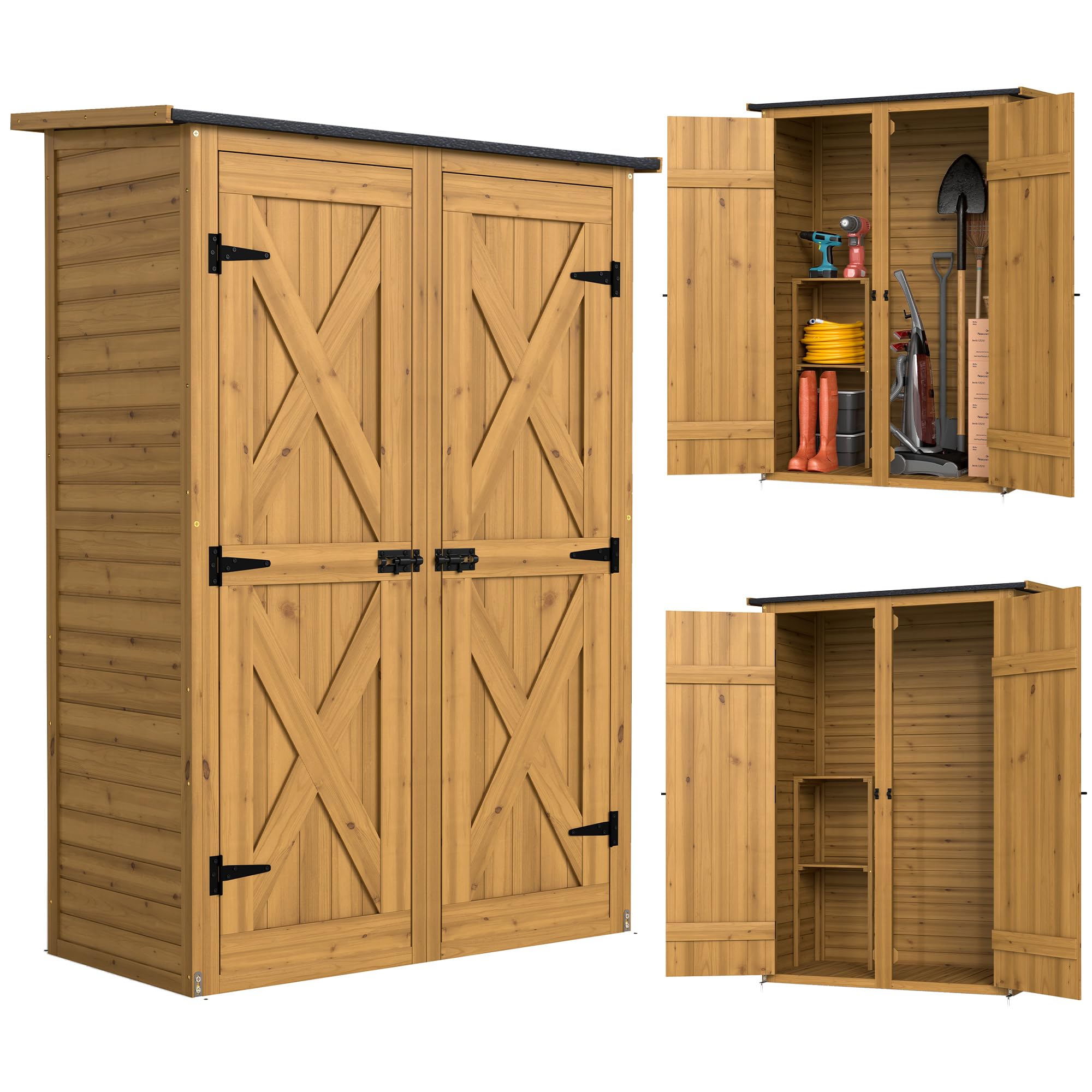 Outsunny Caseta de Jardín de Madera 115x53x156 cm, Cobertizo Jardín Exterior, Armario Exterior para Herramientas con Puertas Dobles con Pestillo, 2 Estantes y Techo Inclinado, Resistente, Marrón
