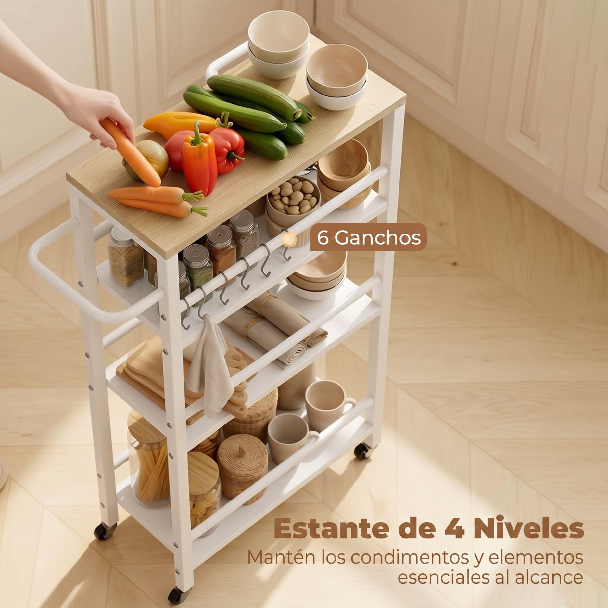 HOMCOM Carrito Auxiliar Ruedas de 4 Niveles con 6 Ganchos 50x20x81cm Roble | Carrito de Cocina con Toallero, Estrecho para Espacios Pequeños, Verduras, Frutas, para Comedor