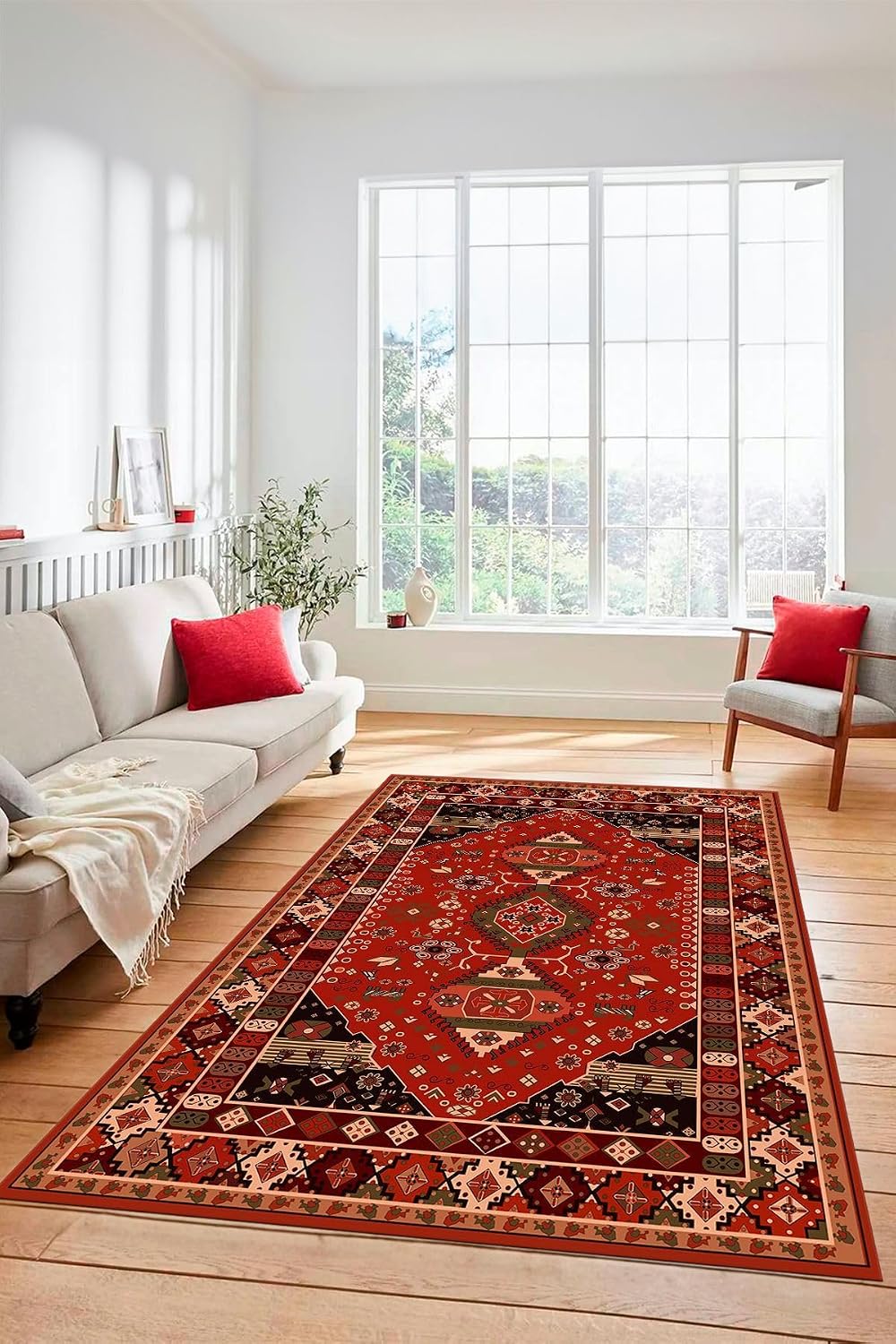 Etnik Klasik Desenli Dijital Baskılı Kaymaz Taban Yıkanabilir Yolluk Salon Halısı ETNİK-07, Kırmızı, 40 x 60